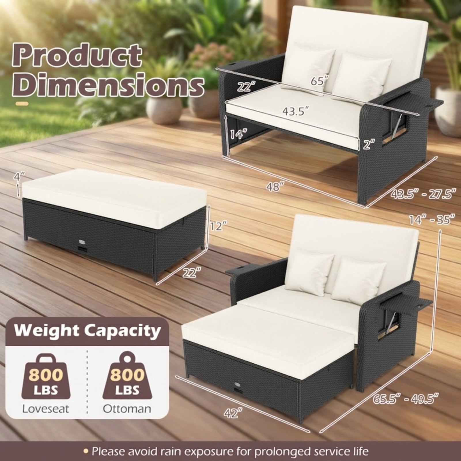 Biotree PE Wicker Outdoor Daybed with 4-Level Adjustable Backrest and Storage Ottoman Outdoor Conversation Set for Garden Backyard PorchWhite