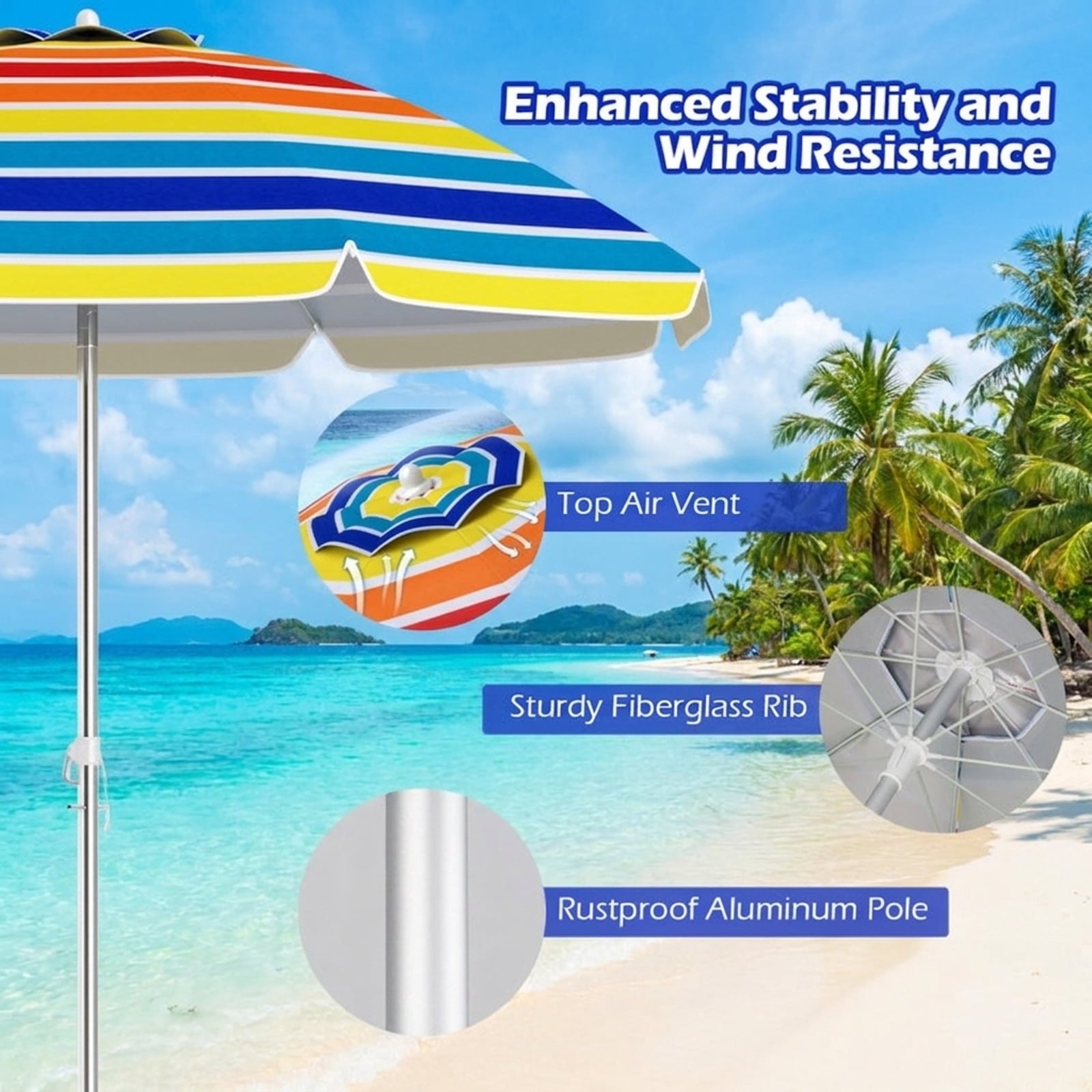 Biotree 6.5 ft Portable Beach Umbrella with Carrying Bag, 6 Ribs, Sand Tilt Mechanism - Multicolor for Backyard
