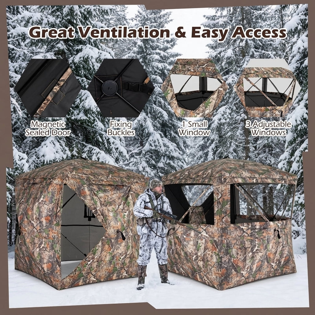 Biotree 270 Degree See Through Hunting Blind Tent with Silent Magnetic Door Pop Up Ground Blind for Deer Turkey, Camouflage