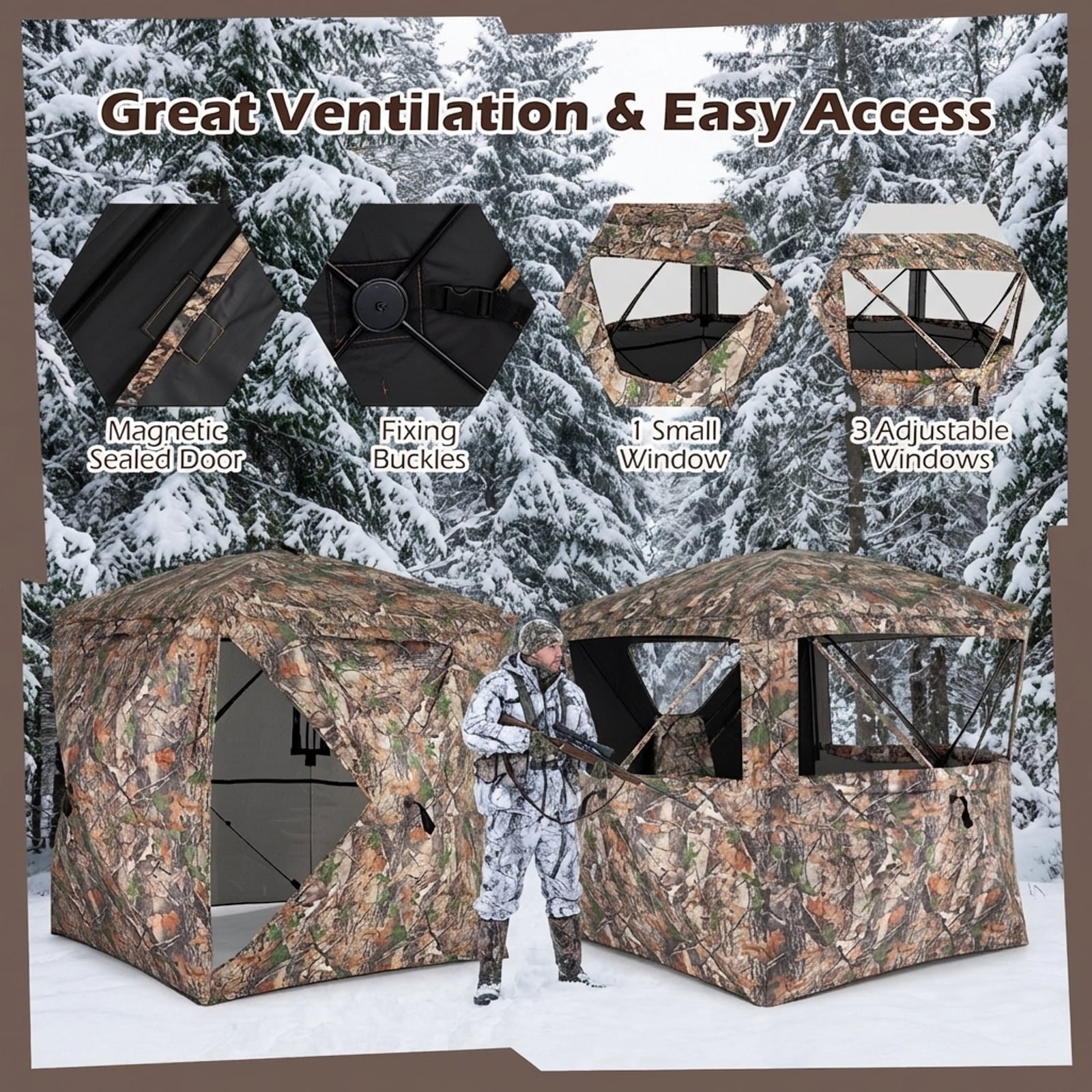 Biotree 270 Degree See Through Hunting Blind Tent with Silent Magnetic Door Pop Up Ground Blind for Deer Turkey, Camouflage