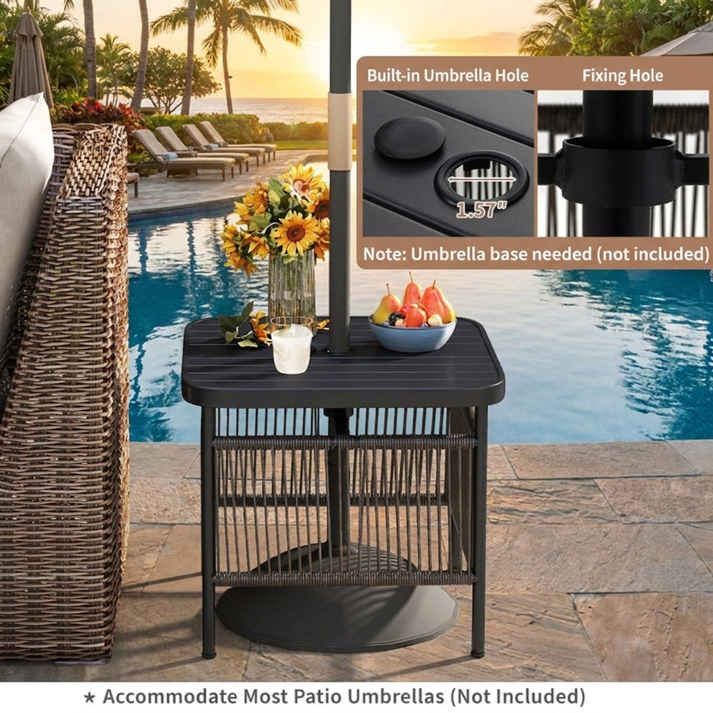 Biotree Outdoor Side Table with Umbrella Hole and Storage Shelf, Black