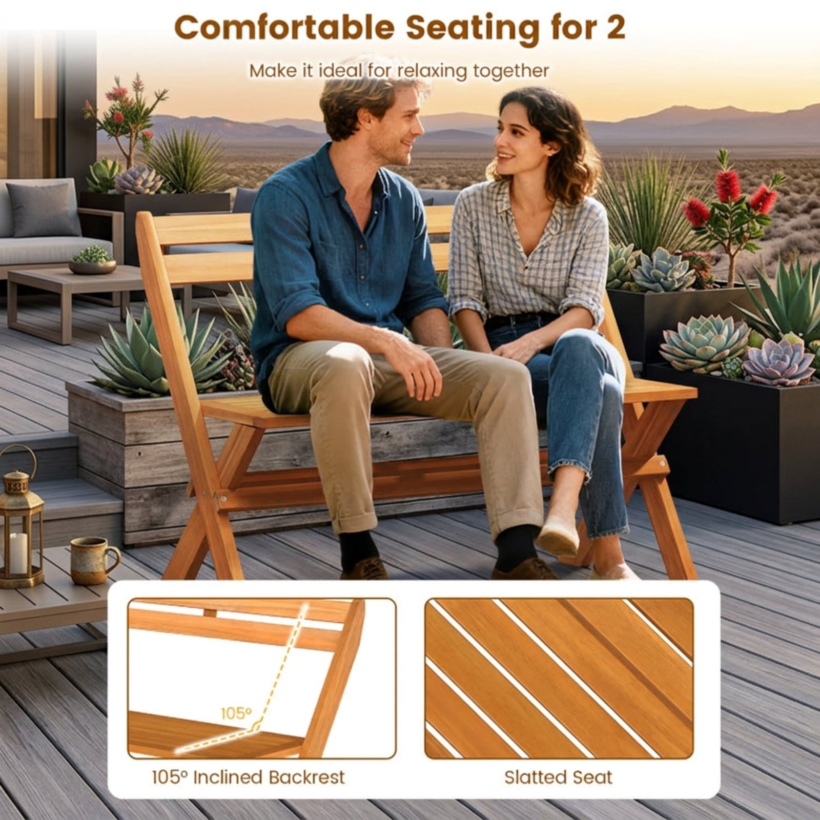 Biotree 2-Person Acacia Wood Patio Garden Bench with 800 Lbs Capacity Stackable Patio Chair for Garden BackyardNatural