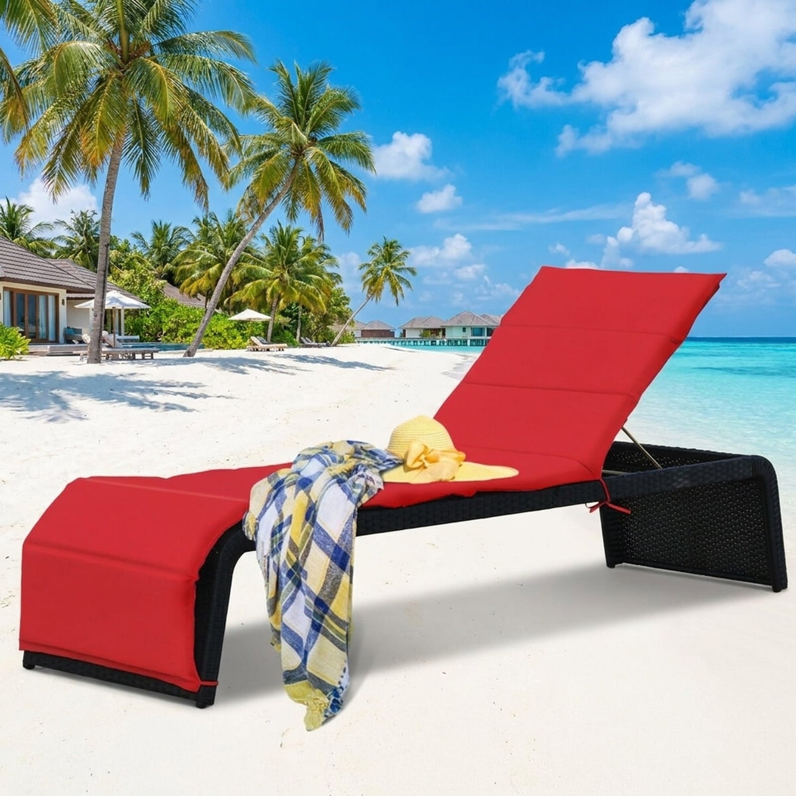 Biotree Patio Rattan Lounge Chair Back Adjustable Chaise Recliner with Cushioned Stackable Patio Chair for Garden BackyardRed