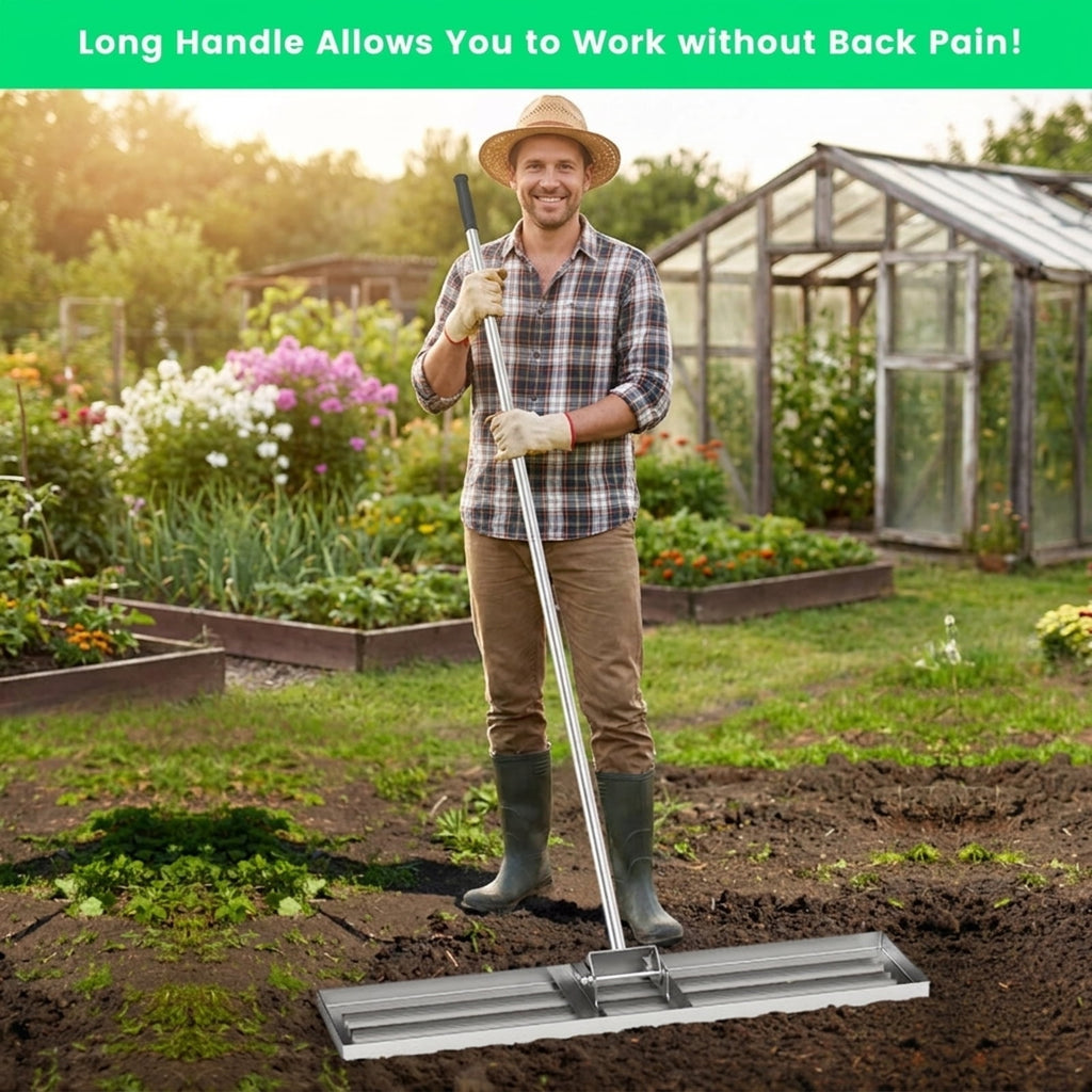 Biotree 42 x 10 Inch Lawn Leveling Rake with Ergonomic Handle for Lawn Garden Yard Soil Care, Silver