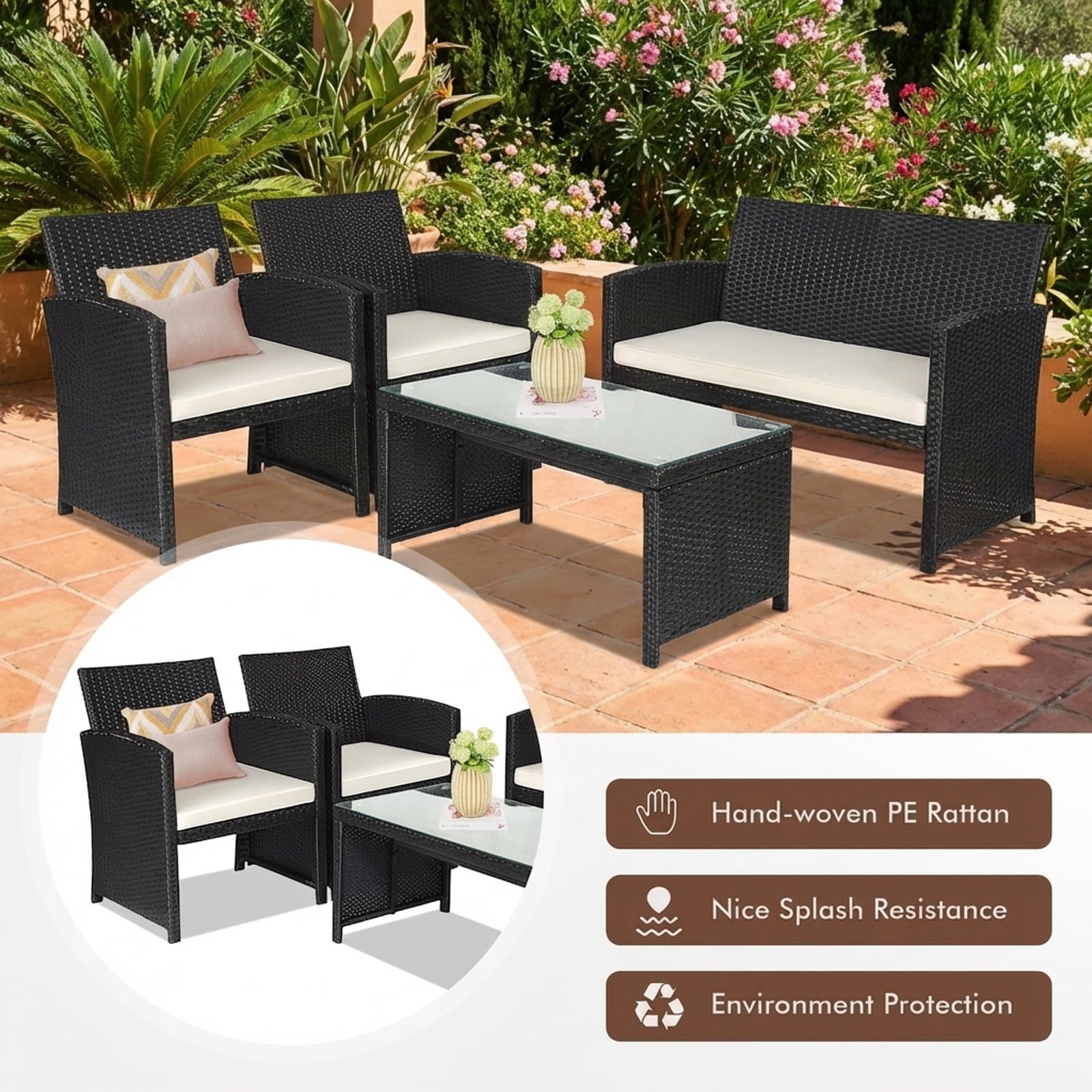 Biotree 4-Piece Patio Rattan Set with Cushions and Glass Table-White
