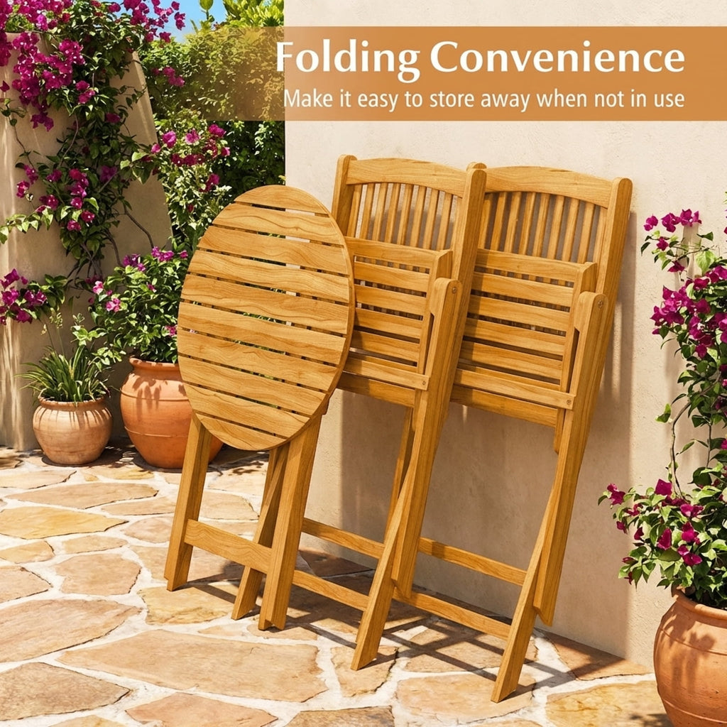 Biotree 3-Piece Acacia Wood Folding Bistro Set with Cushions-Beige