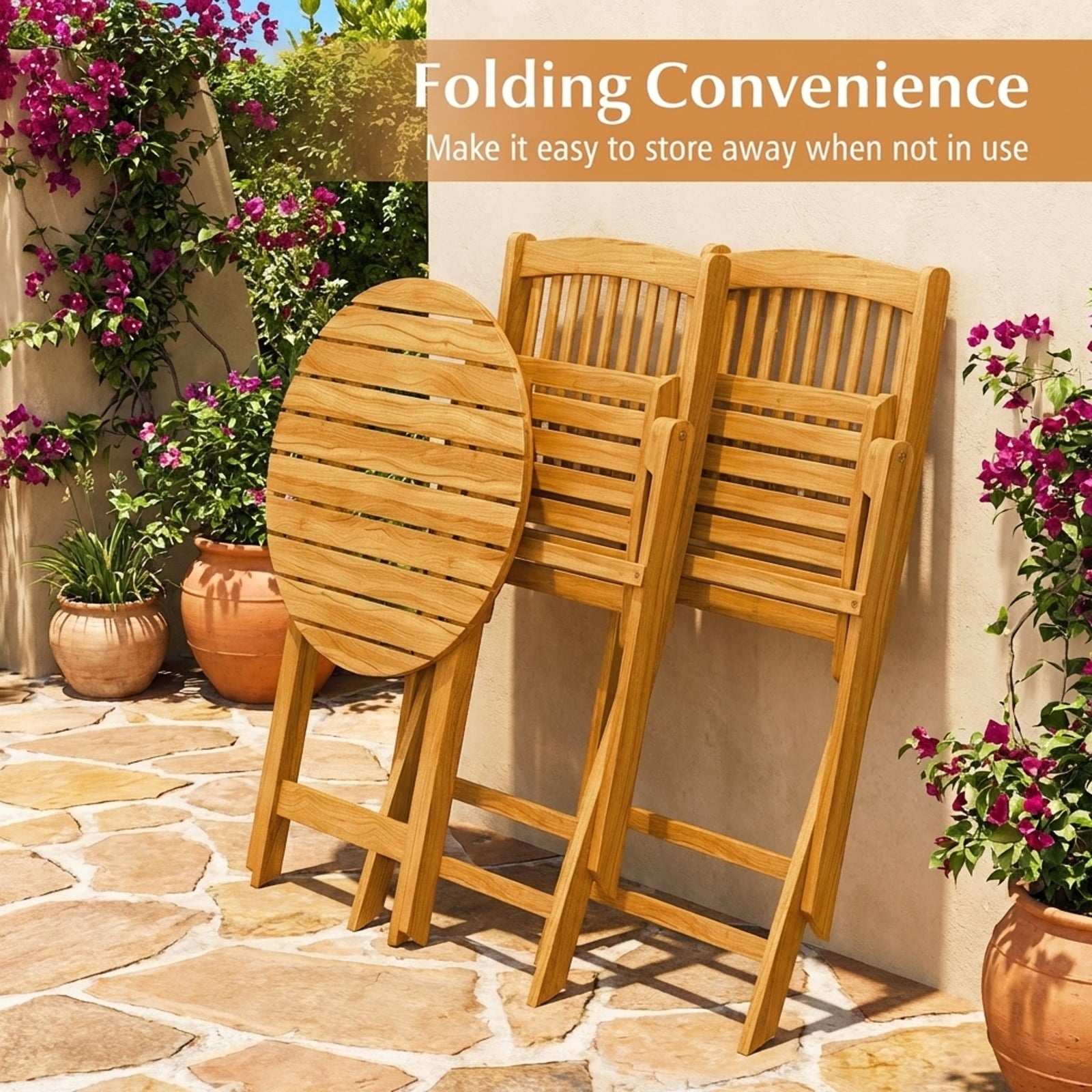 Biotree 3-Piece Acacia Wood Folding Bistro Set with Cushions-Beige