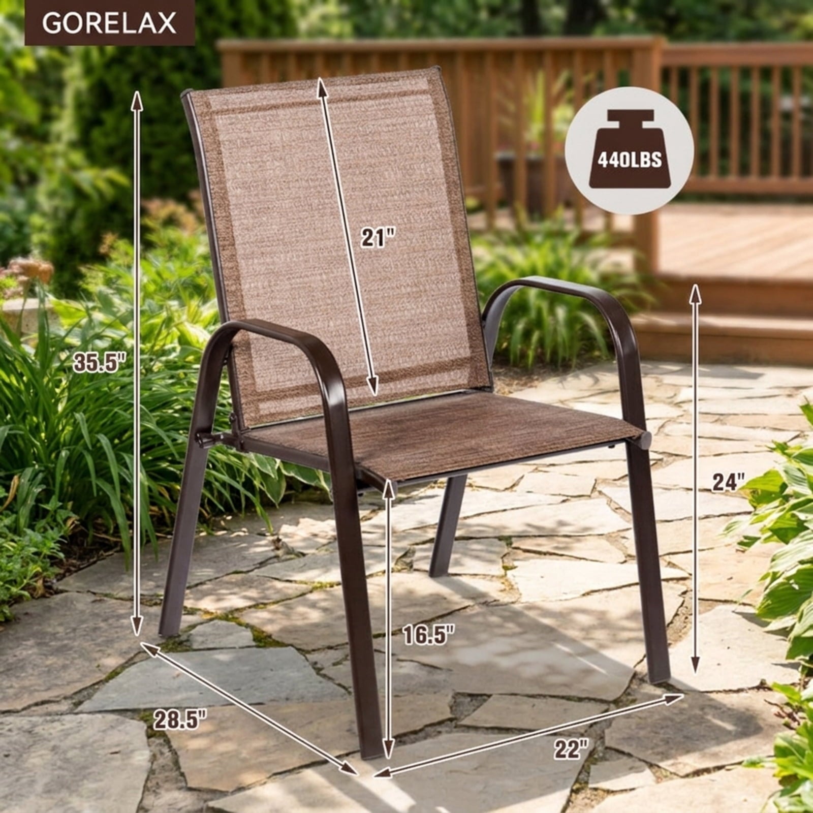 Biotree 2 Pcs Patio Chairs Outdoor Dining Chair with Armrest Stackable Patio Chair for Garden BackyardBrown