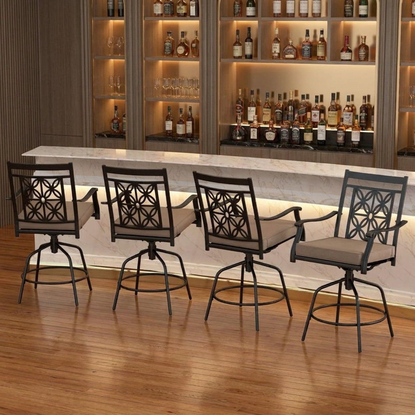 Biotree Set of 2 Outdoor Swivel Bar Stools with Cushioned Seats and Armrests, Brown - Outdoor Patio Bar Height Chair with Footrest
