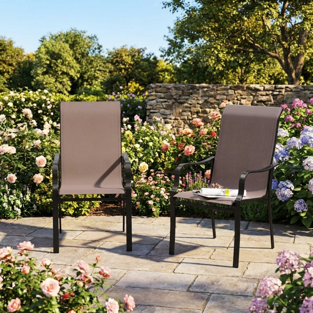 Biotree Patio Dining Chair Set of 2 with Wide Seat and Heavy-Duty Metal Frame Stackable Patio Chair for Garden BackyardBrown