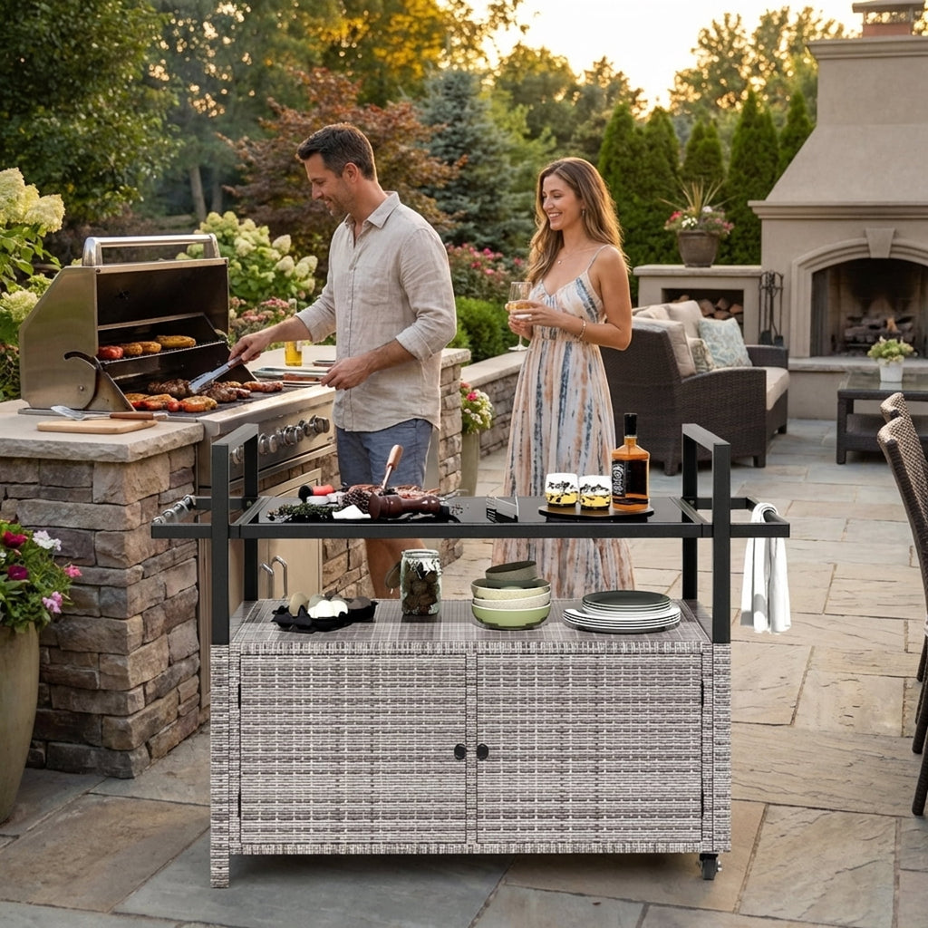 Biotree Outdoor Wicker Bar Cart with Cabinet and 8 Hooks Rolling Patio Serving Cart for Backyard Entertaining, Gray