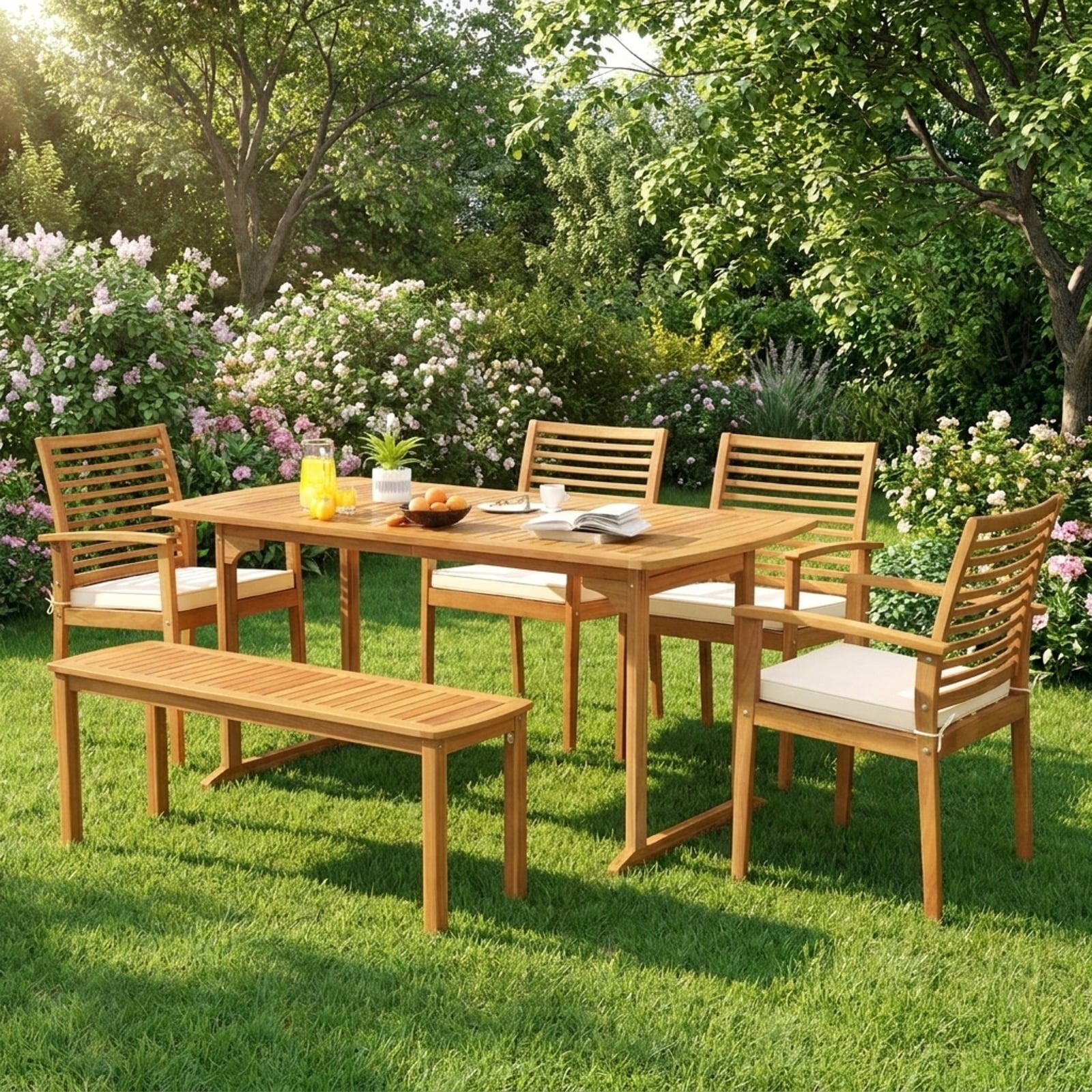 Biotree 63 inch Outdoor Dining Table with Umbrella Hole and Slatted Tabletop, Natural