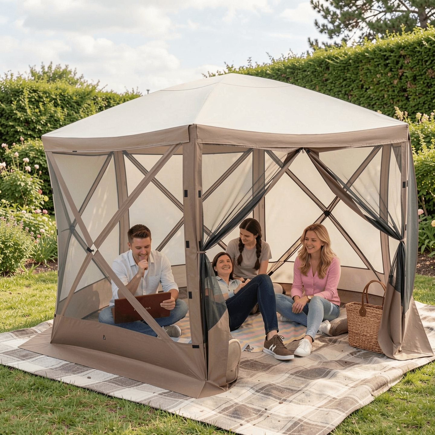 Biotree Pop-up Gazebo 6-sided Instant Setup Screen House Hub Tent with Mesh Netting Walls Brown - Outdoor Patio Backyard Garden Shade Canopy Shelter