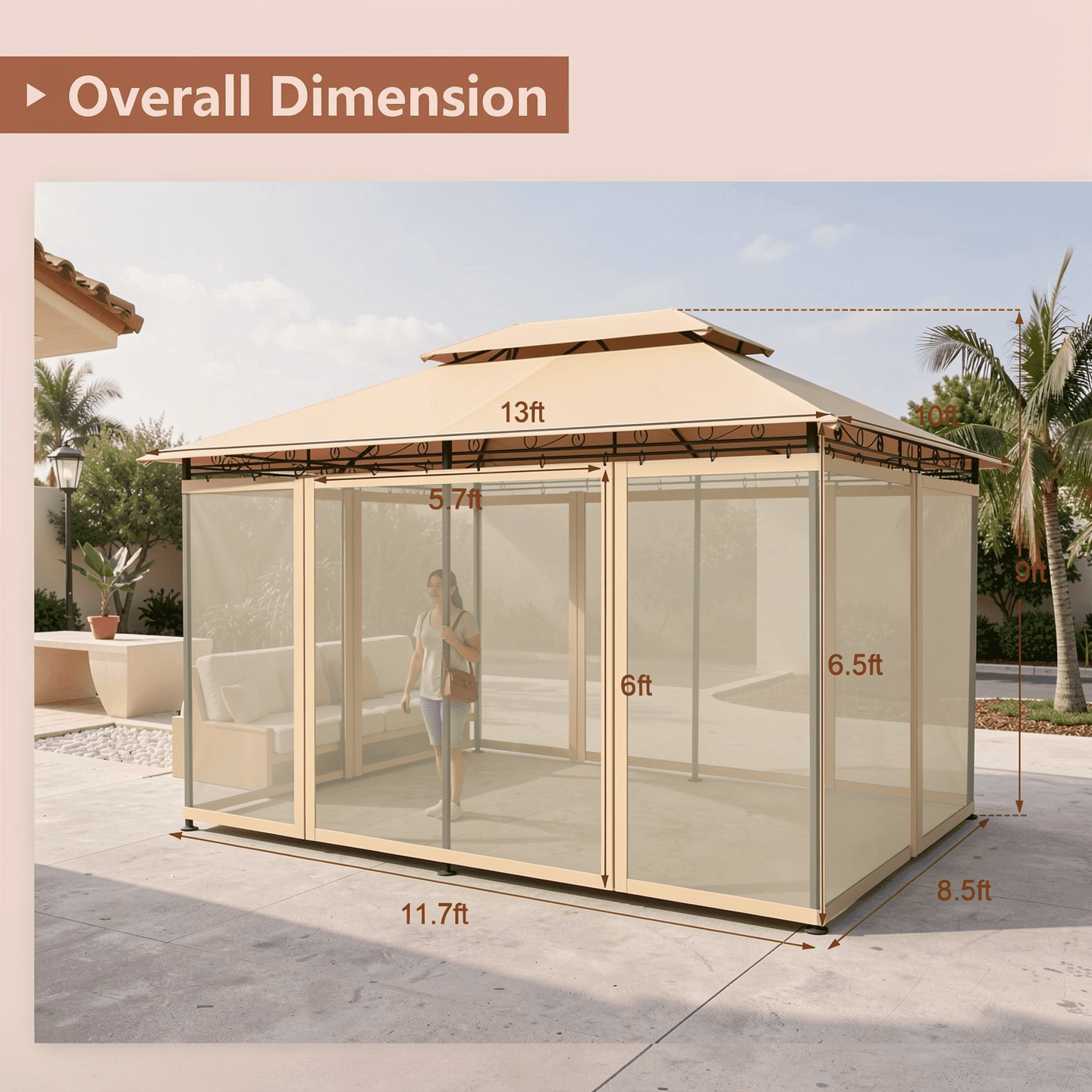 Biotree 10 Feet x 13 Feet Tent Canopy Shelter with Removable Netting Sidewall Brown - Outdoor Patio Backyard Garden Shade Canopy Shelter
