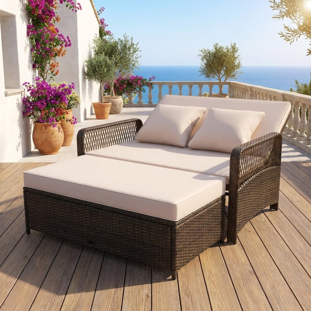 Biotree Patio Adjustable Wicker Daybed with 4-Level Backrest and Soft Cushions Outdoor Conversation Set for Garden Backyard PorchBeige