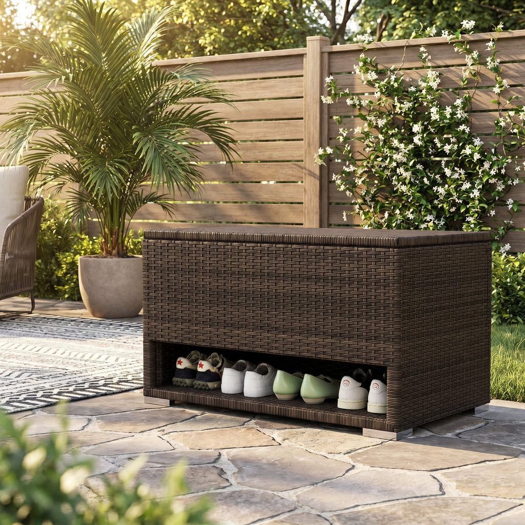 Biotree PE Rattan Storage Bin with Waterproof Liner for Patio Cushions Outdoor Waterproof for Patio Deck Garden Cushions, Brown