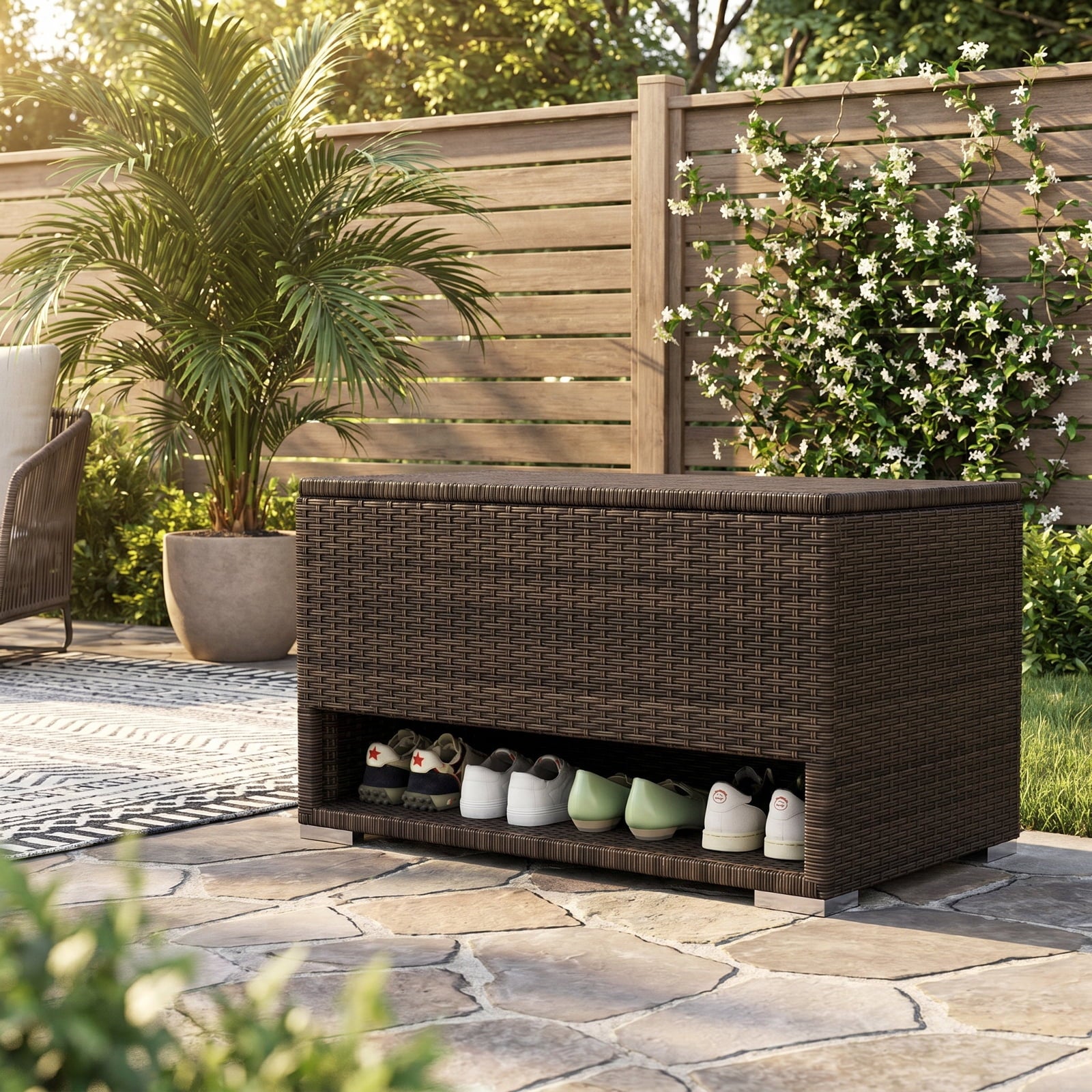 Biotree PE Rattan Storage Bin with Waterproof Liner for Patio Cushions Outdoor Waterproof for Patio Deck Garden Cushions, Brown