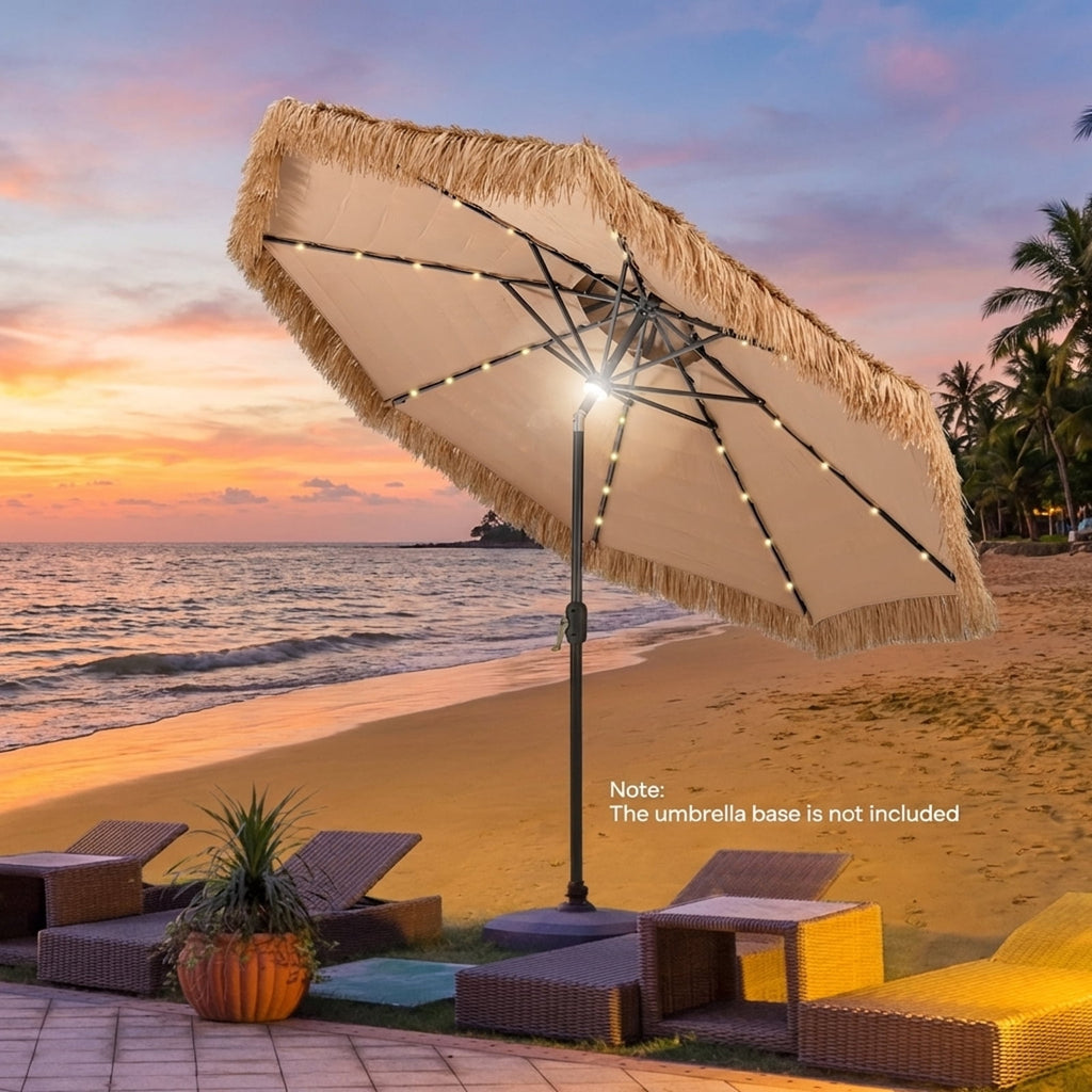 Biotree 10 Feet Hawaiian Style Solar Lighted Thatched Tiki Patio Umbrella Outdoor Backyard Deck Garden