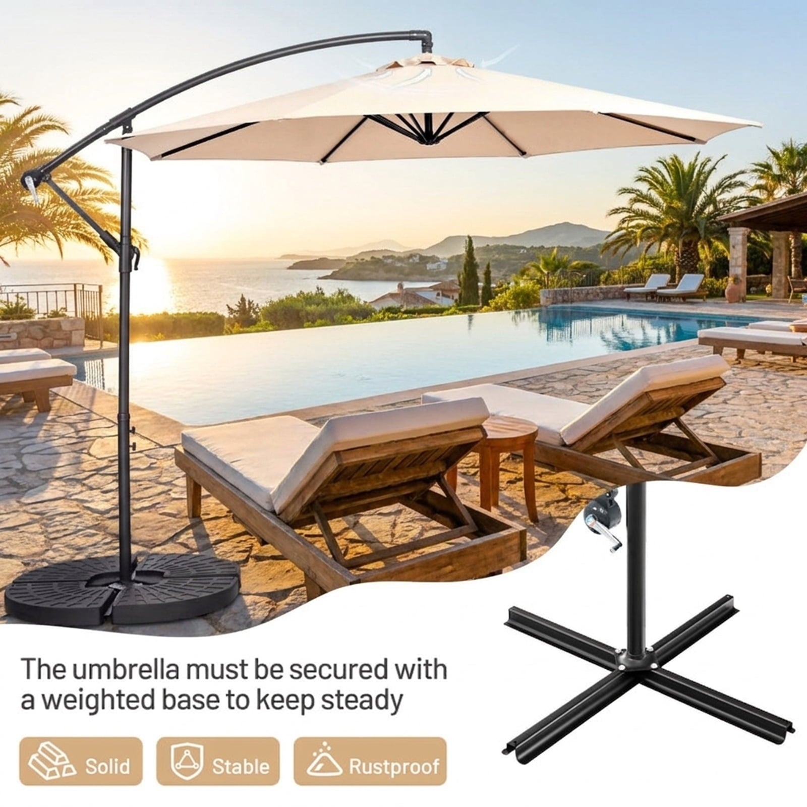 Biotree 10 ft Cantilever Offset Patio Umbrella 8-Rib Outdoor Shade - Beige - UV Protection with Cross Base