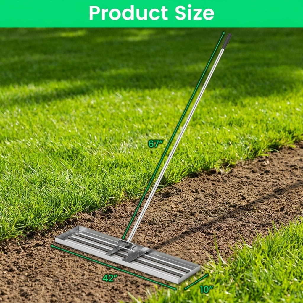 Biotree 42 x 10 Inch Lawn Leveling Rake with Ergonomic Handle for Lawn Garden Yard Soil Care, Silver