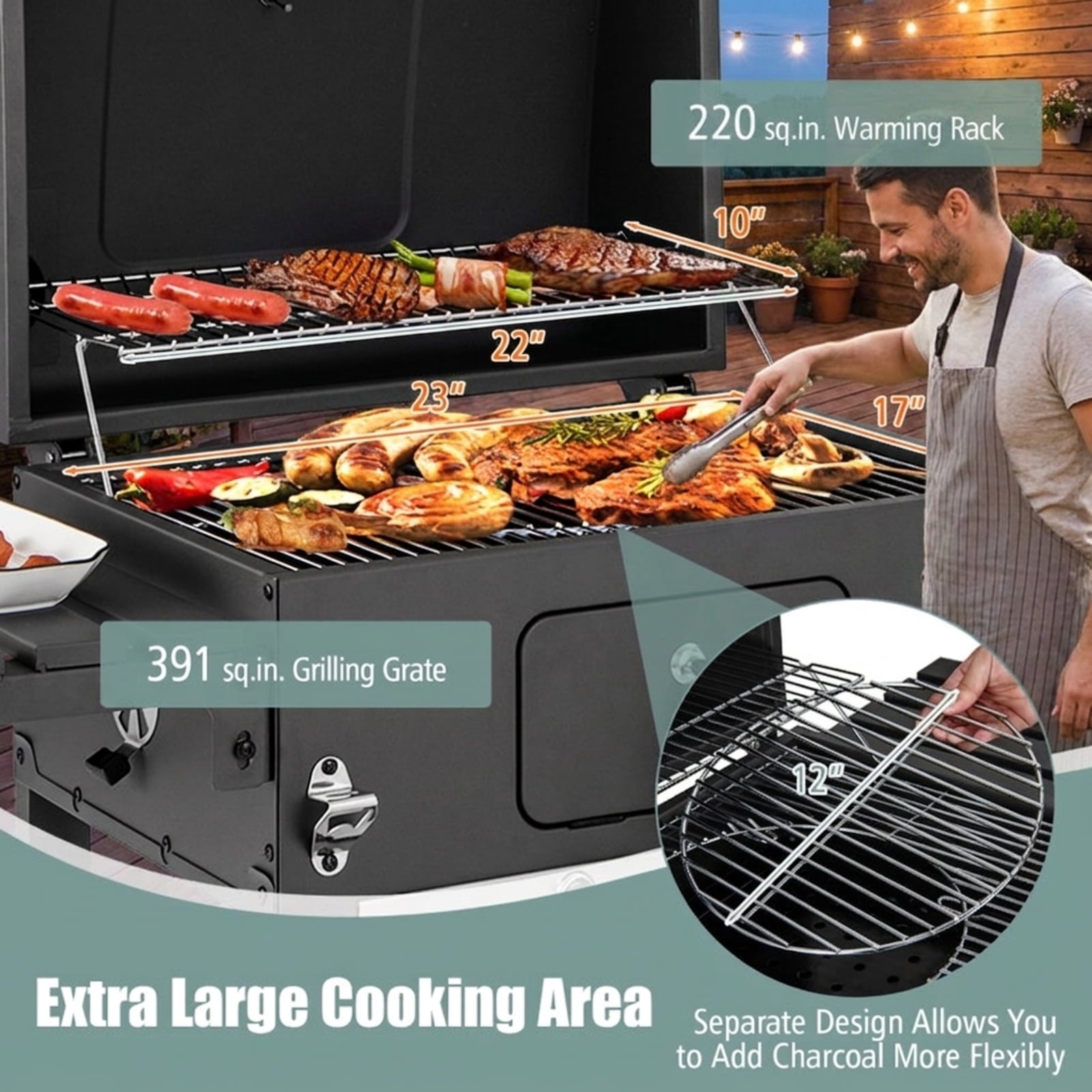 Biotree Outdoor BBQ Charcoal Grill with 2 Foldable Side Table and Wheels for Outdoor Backyard Camping Patio BBQ, Black