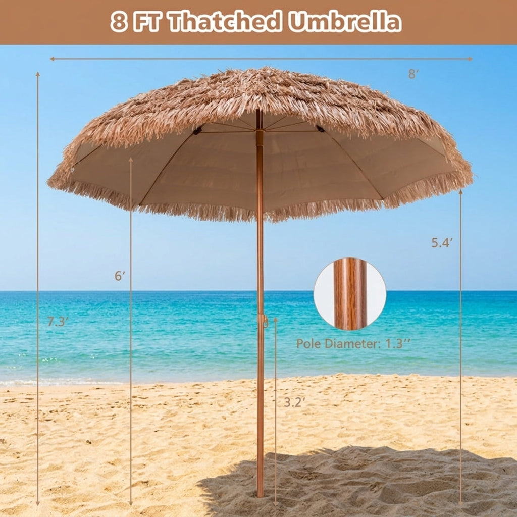Biotree 8 ft Thatched Tiki Patio Umbrella Crank Tilt Outdoor Shade - Natural - UV Protection with Cross Base