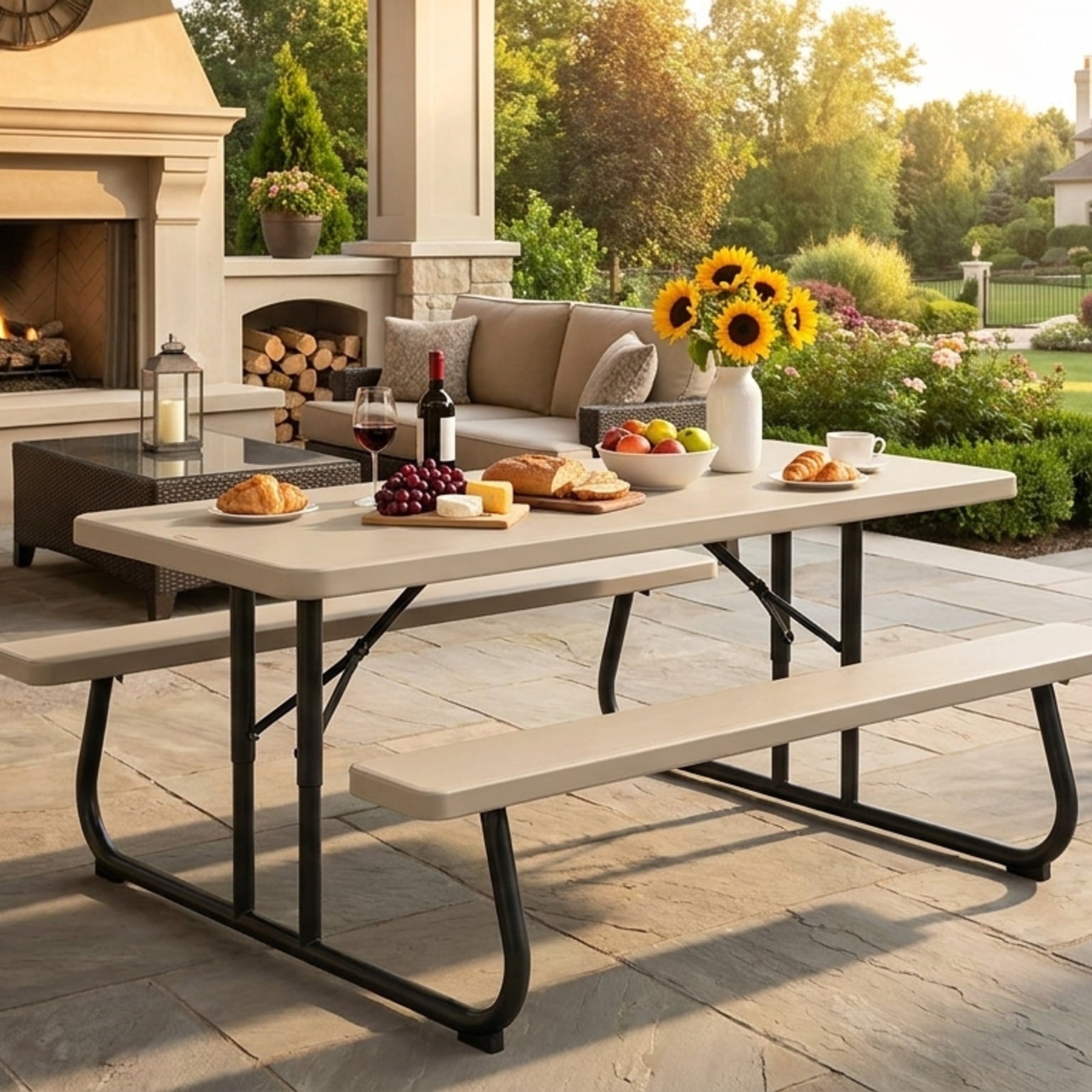Biotree HDPE Outdoor Picnic Table Bench Set with Metal Base, Coffee