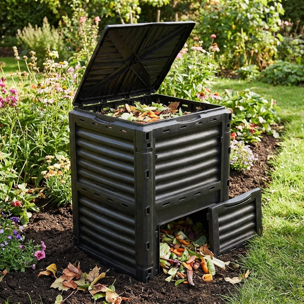 Biotree 80-Gallon Outdoor Composter with Large Openable Lid and Bottom Exit Door-Black Garden Organic