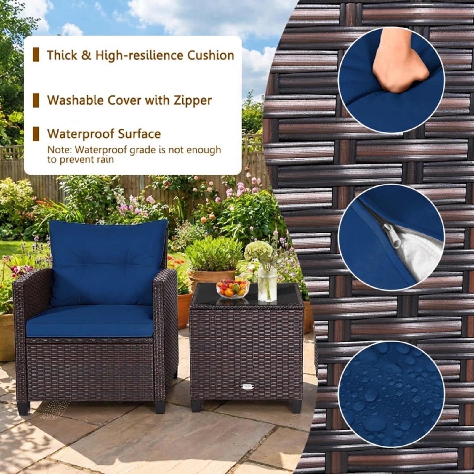 Biotree 3 Pcs Patio Rattan Furniture Set Cushioned Conversation Set Coffee Table Outdoor Conversation Set for Garden Backyard PorchNavy