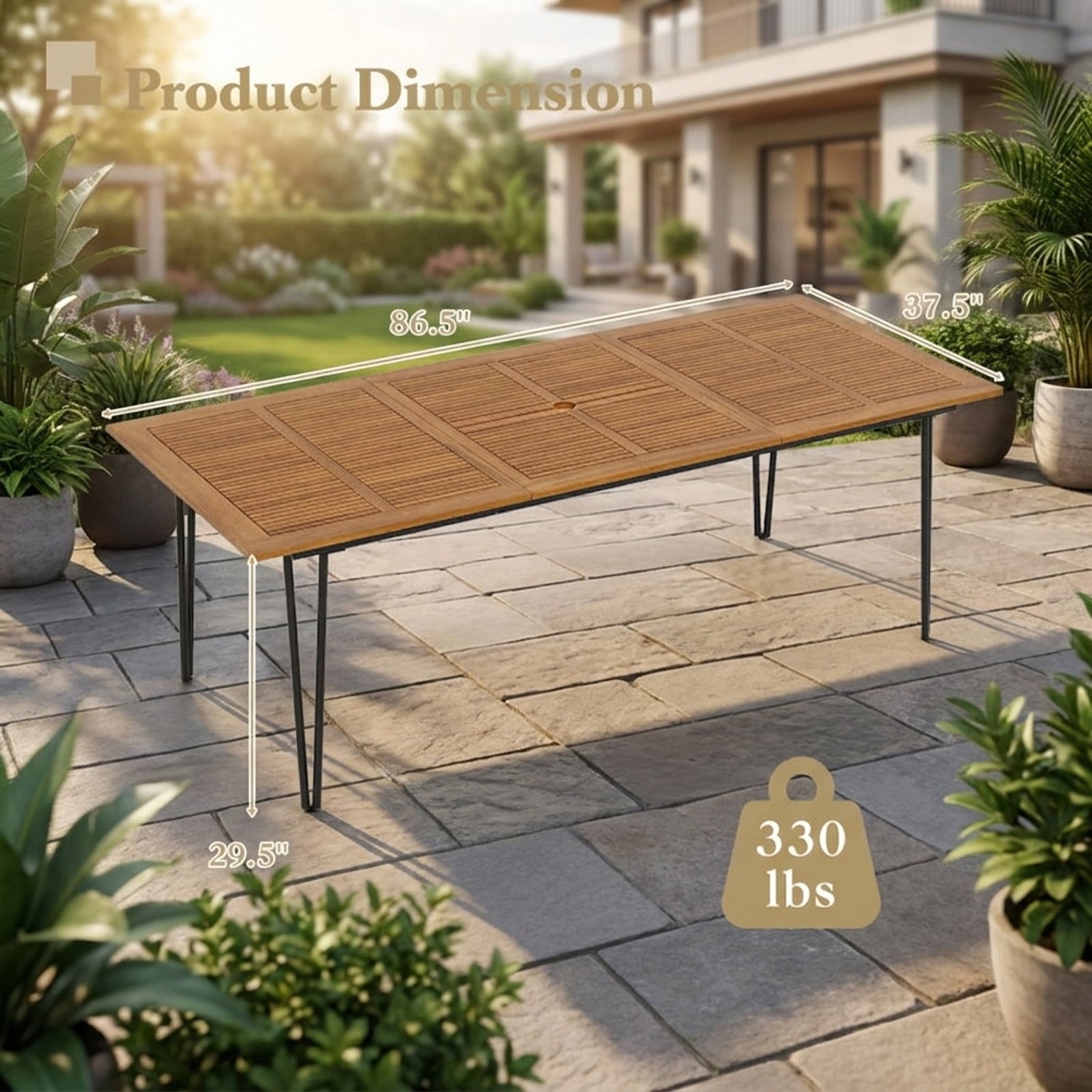 Biotree 86.5 Inch Rectangular Patio Dining Table for 8 with Acacia Wood Tabletop and Umbrella Hole-86.5 inches, Natural