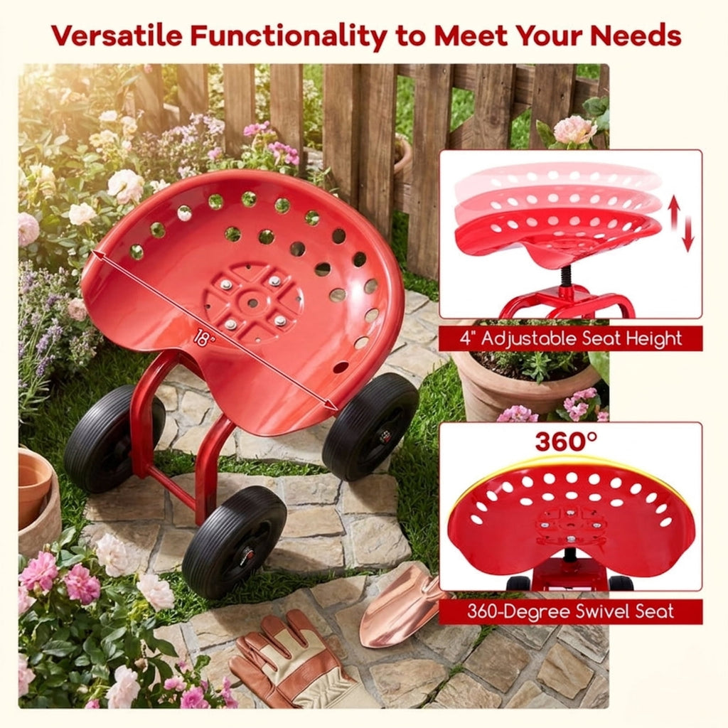 Biotree Garden Rolling Workseat with 360¡ã Swivel Seat and Adjustable Height for Garden Yard Lawn Work Outdoor, Red