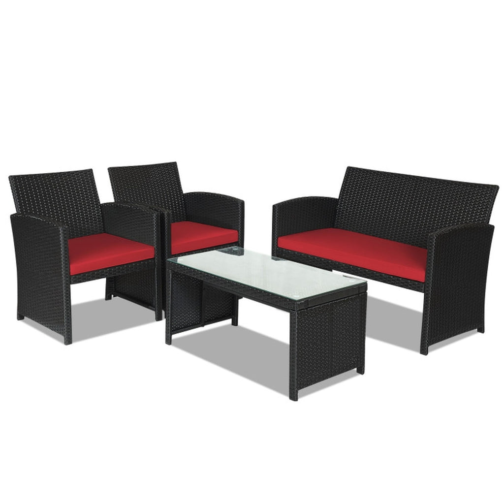 Biotree 4 Pieces Rattan Patio Furniture Set with Weather Resistant Cushions and Tempered Glass Tabletop