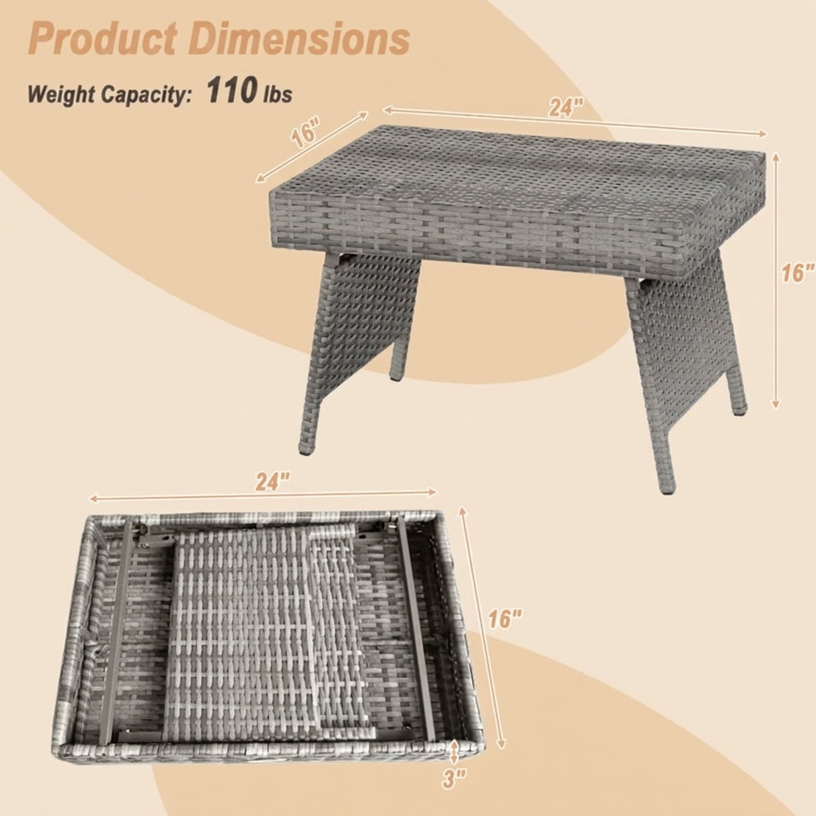 Biotree Folding PE Rattan Side Coffee Table Patio Garden Furniture, Gray