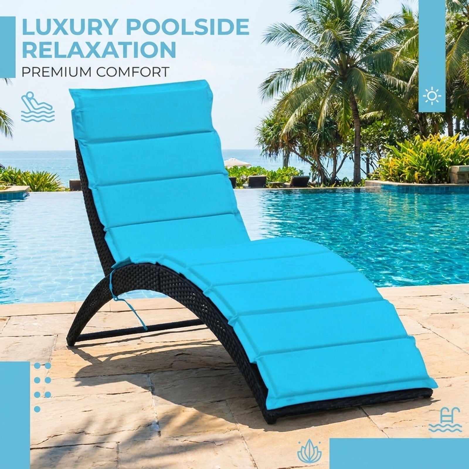 Biotree Folding Patio Rattan Portable Lounge Chair Chaise with Cushion Stackable Patio Chair for Garden BackyardTurquoise