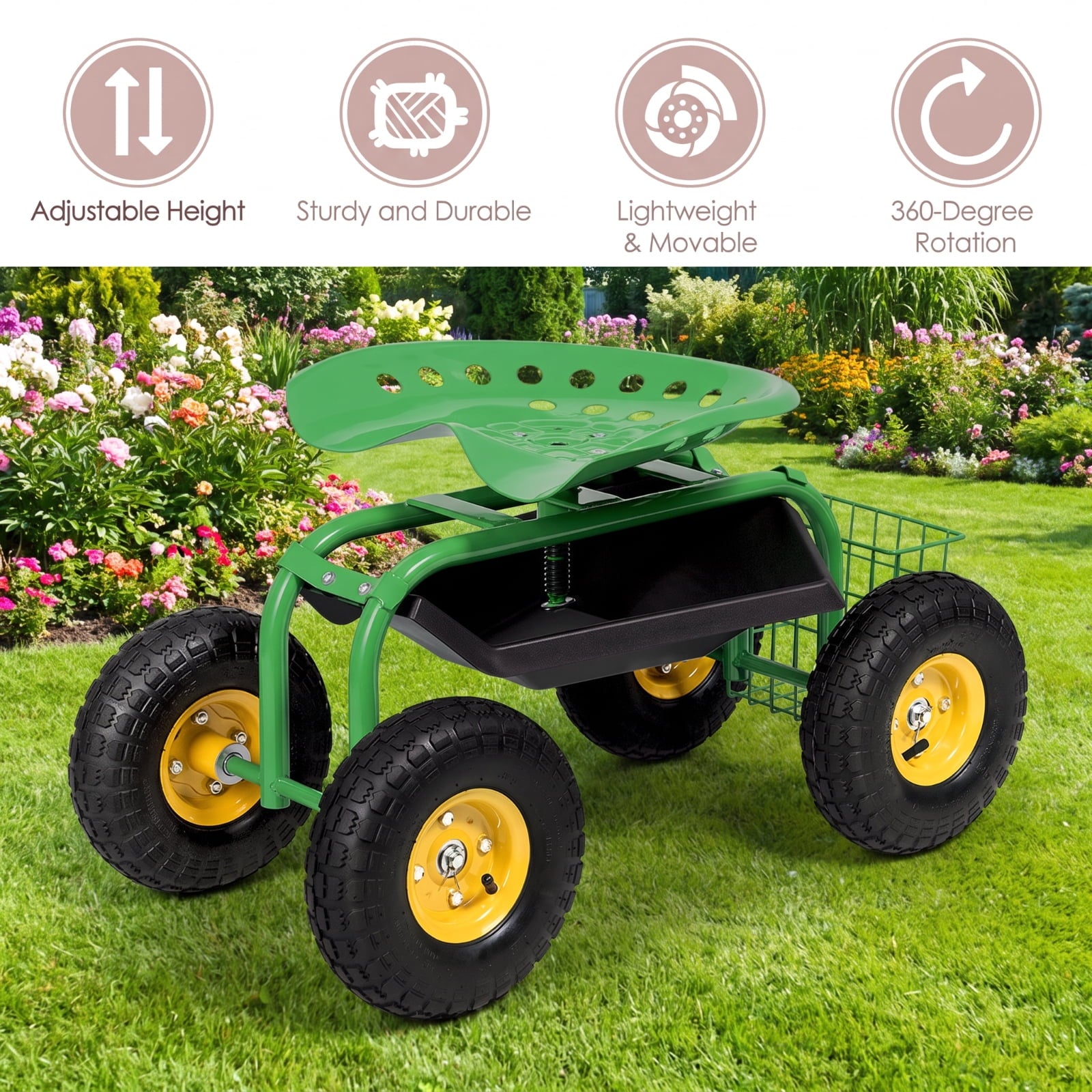 Biotree Rolling Garden Cart with Seat, 360¡ãSwivel Seat Adjustable Height ,330lbs Load Capacity, Wagon Scooter with Storage Bracket and Tool Tray, Suitable for Patio Yard, Green
