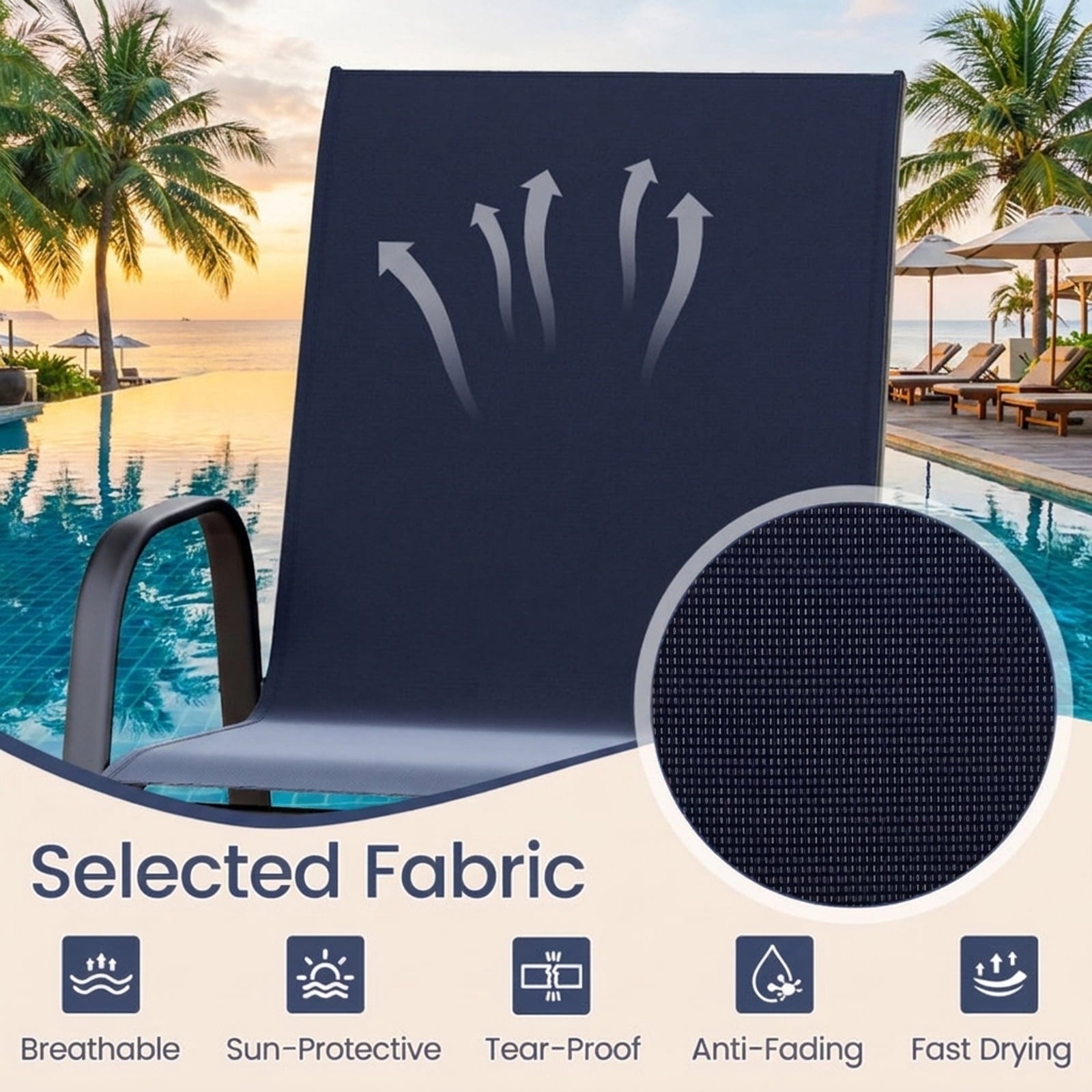 Biotree Set of 2 Outdoor Bar Stools 29-Inch Fabric Patio Bar Chairs with Armrests Inclined Backrest, Navy Blue