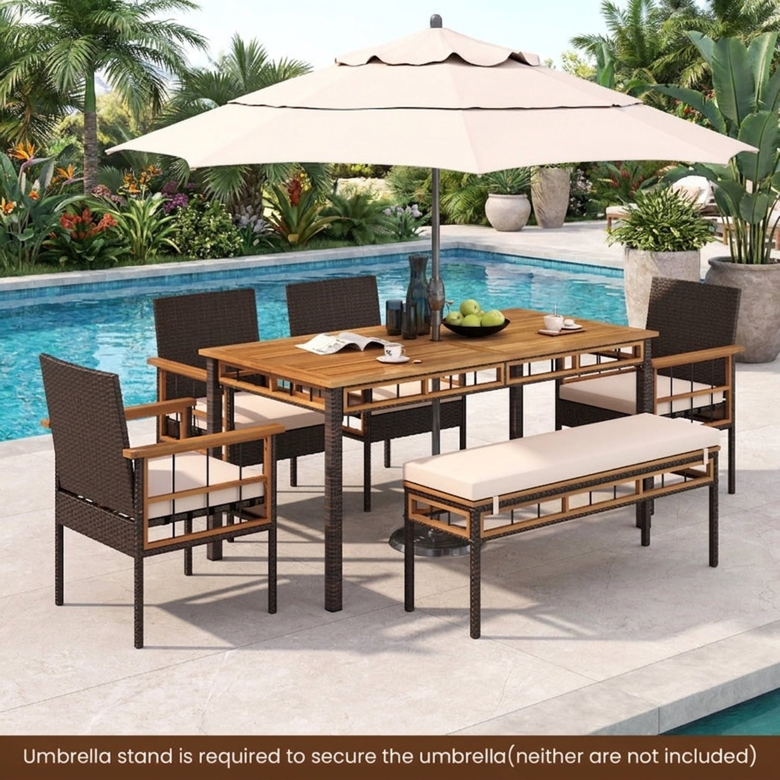 Biotree 63" Outdoor Dining Table with Acacia Wood Slatted Tabletop, Black