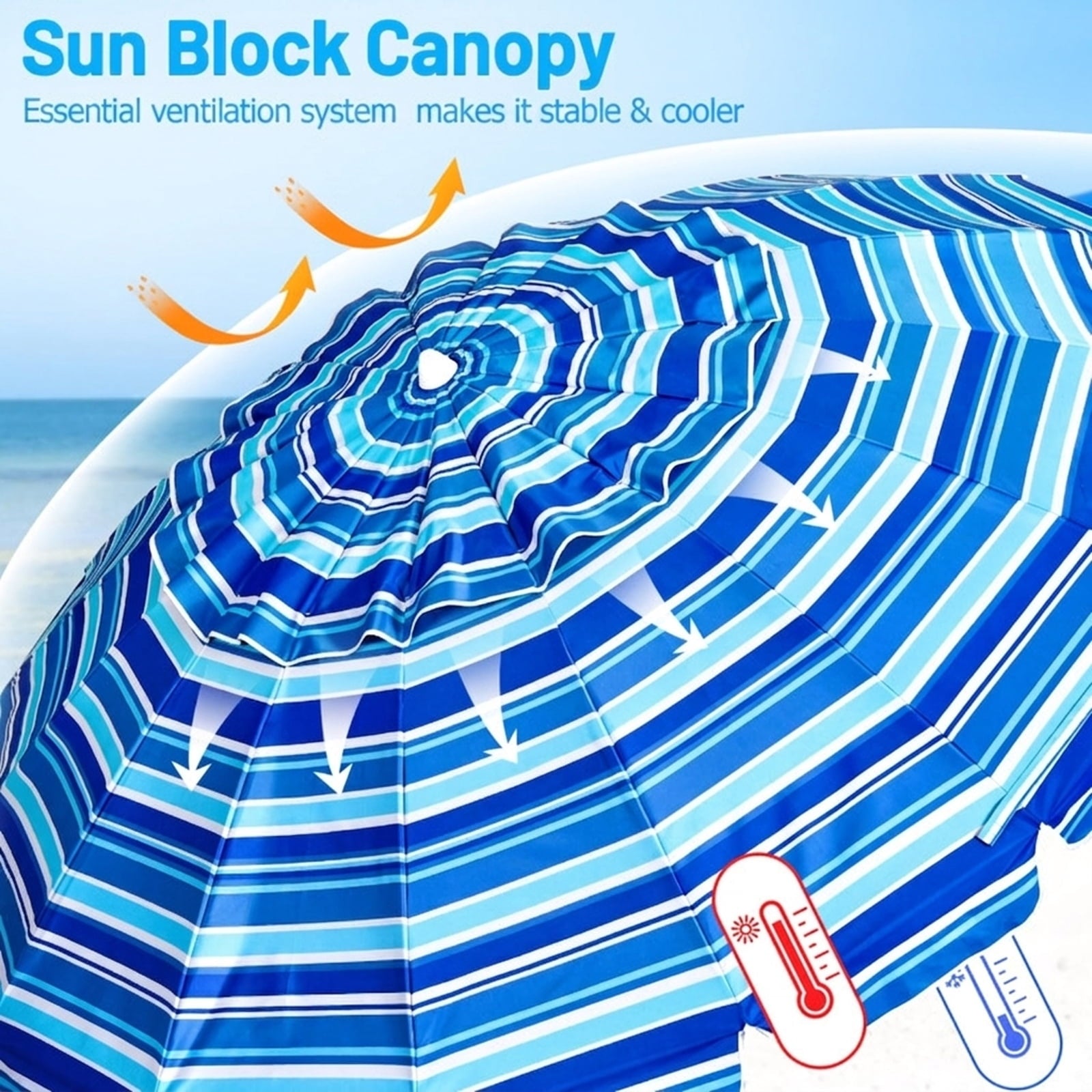 Biotree 8.0 ft Portable Beach Umbrella with Carrying Bag, 16 Ribs, Sand Tilt Mechanism - Navy Blue for Backyard