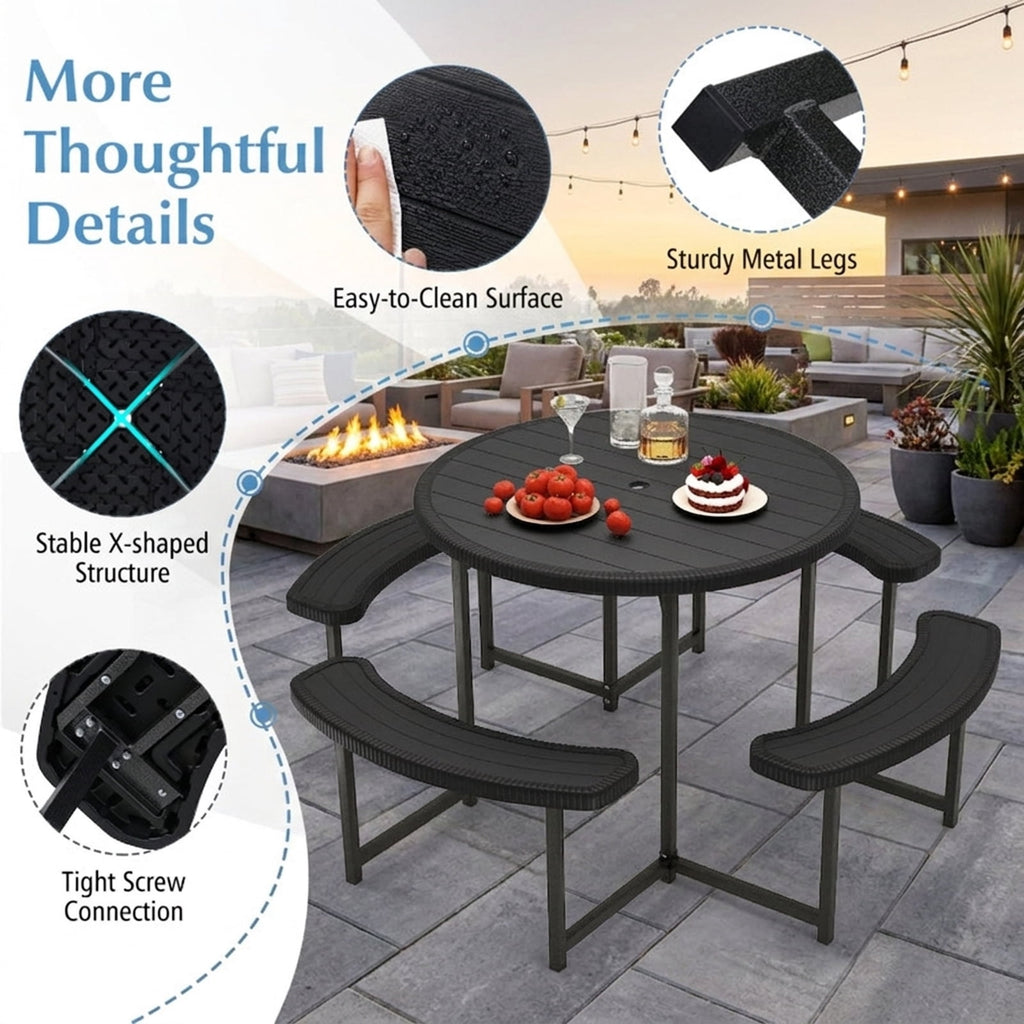 Biotree 62-Inch Round Picnic Table Bench Set with 4 Benches and Umbrella Hole for Patio Lawn, Black