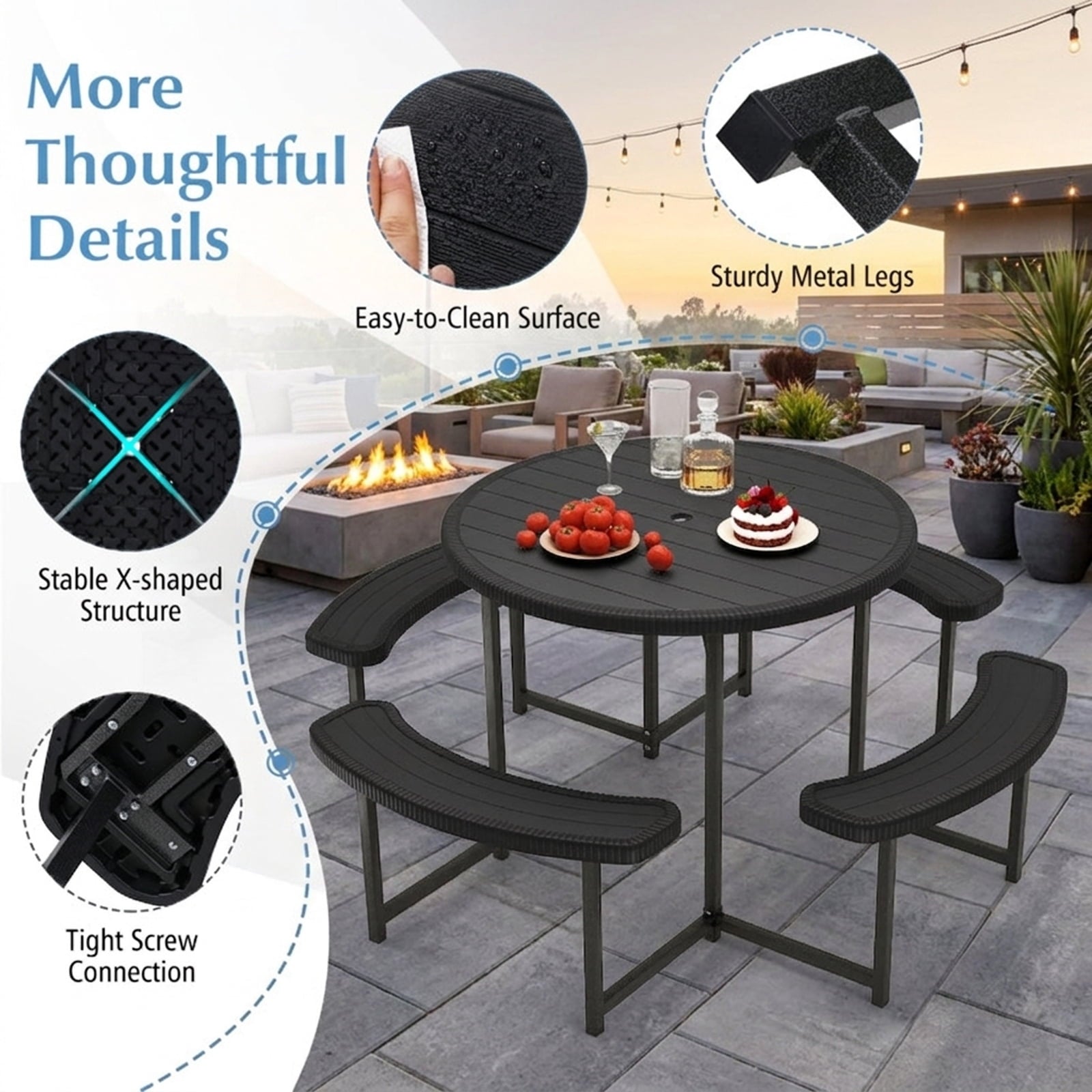 Biotree 62-Inch Round Picnic Table Bench Set with 4 Benches and Umbrella Hole for Patio Lawn, Black