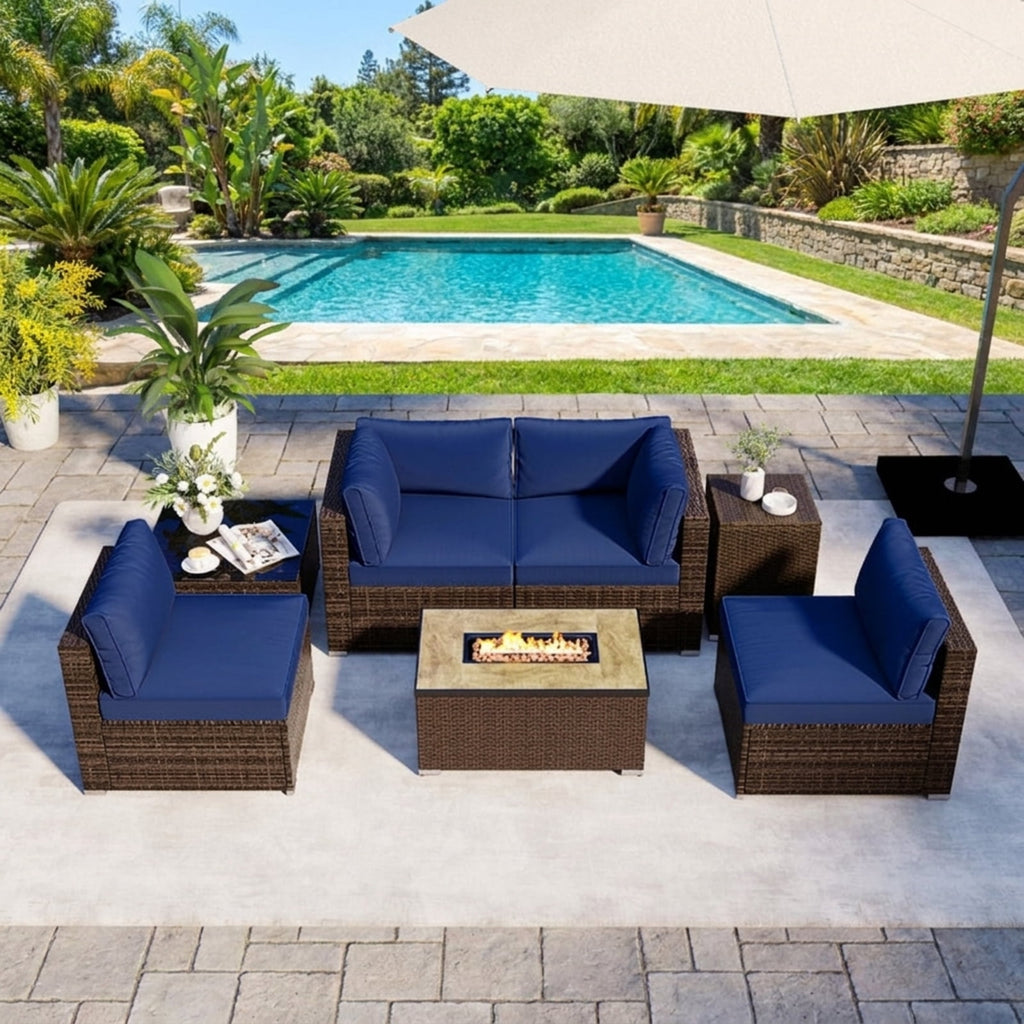 Biotree 7 Pieces Outdoor Furniture Set with 32 Inch Fire Pit Table and Propane Tank Cover Outdoor Conversation Set for Garden Backyard PorchNavy