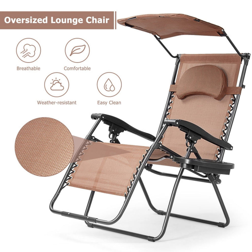 Biotree Folding Recliner Lounge Chair with Shade Canopy Cup Holder Stackable Patio Chair for Garden BackyardBrown