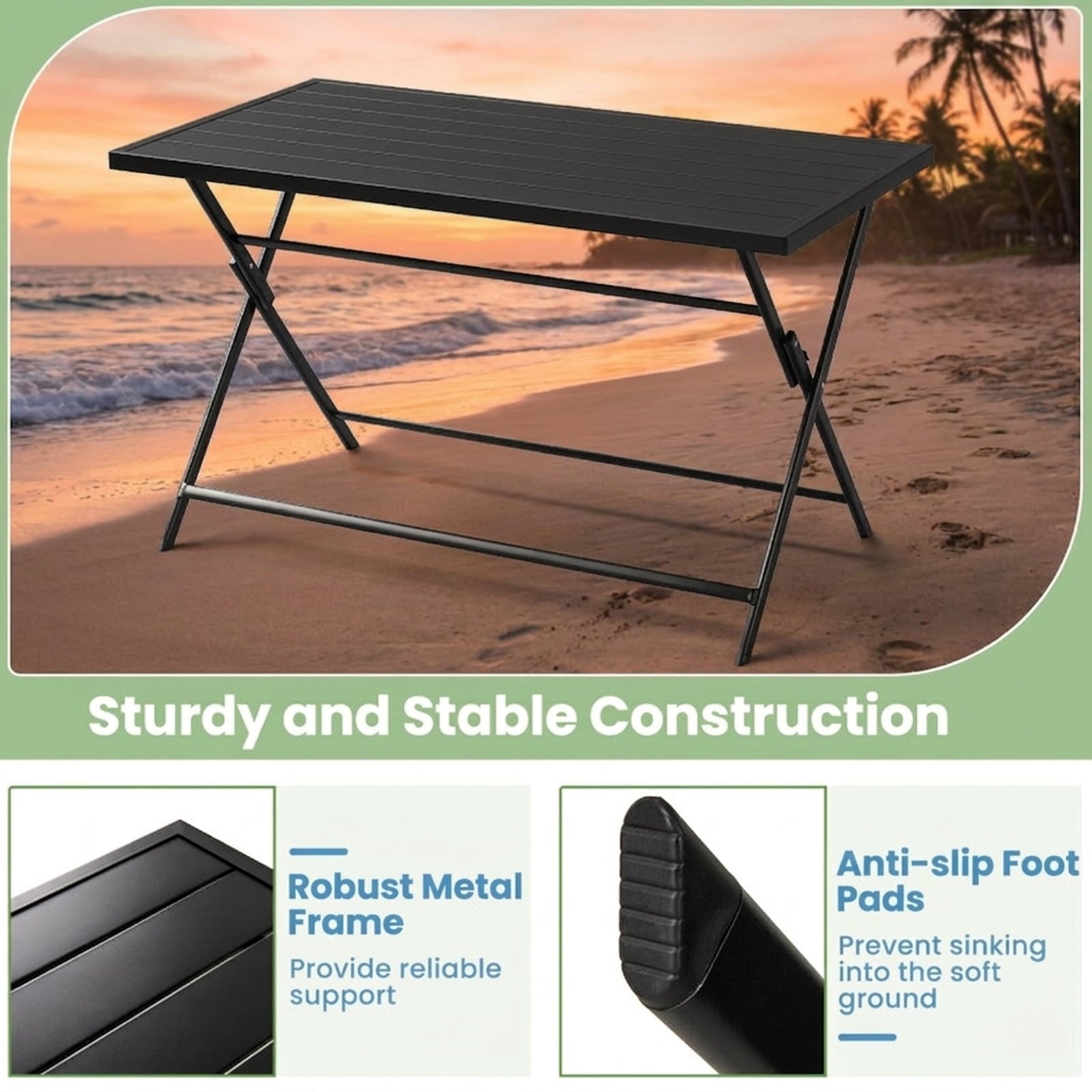 Biotree Foldable Outdoor Dining Table 48inch x 30inch Rectangular Metal Patio Table with Slatted Tabletop, Dark Brown