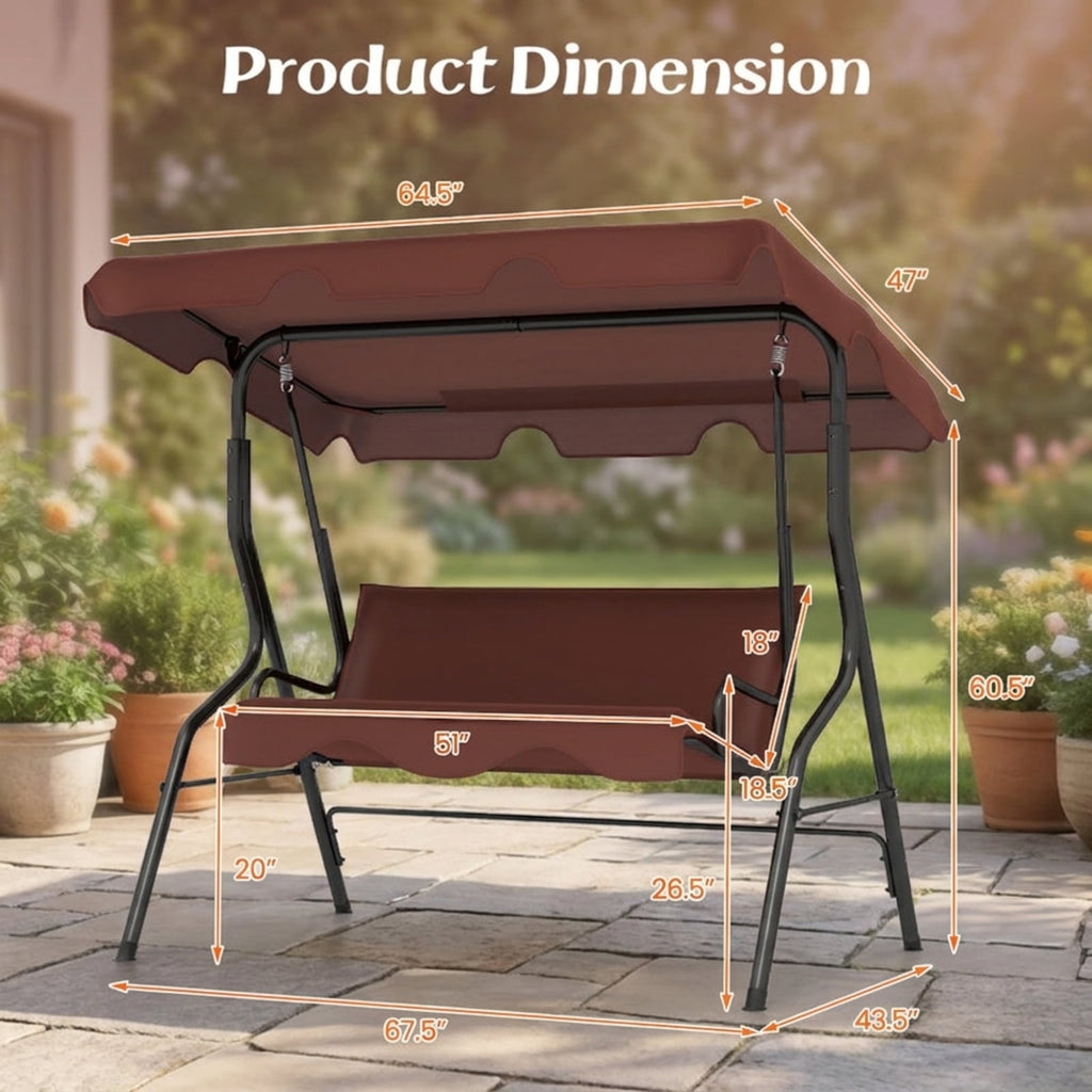 Biotree 3 Seat Outdoor Patio Canopy Swing with Cushioned Steel Frame for Patio Porch Garden Backyard Outdoor, Brown