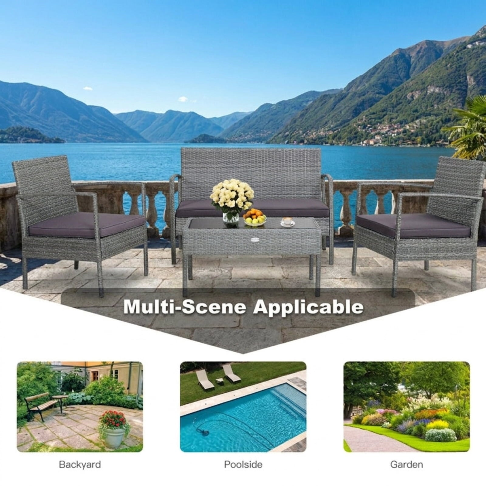 Biotree 4 Pieces Outdoor Rattan Conversation Set with Comfortable Cushion Outdoor Conversation Set for Garden Backyard PorchGrey