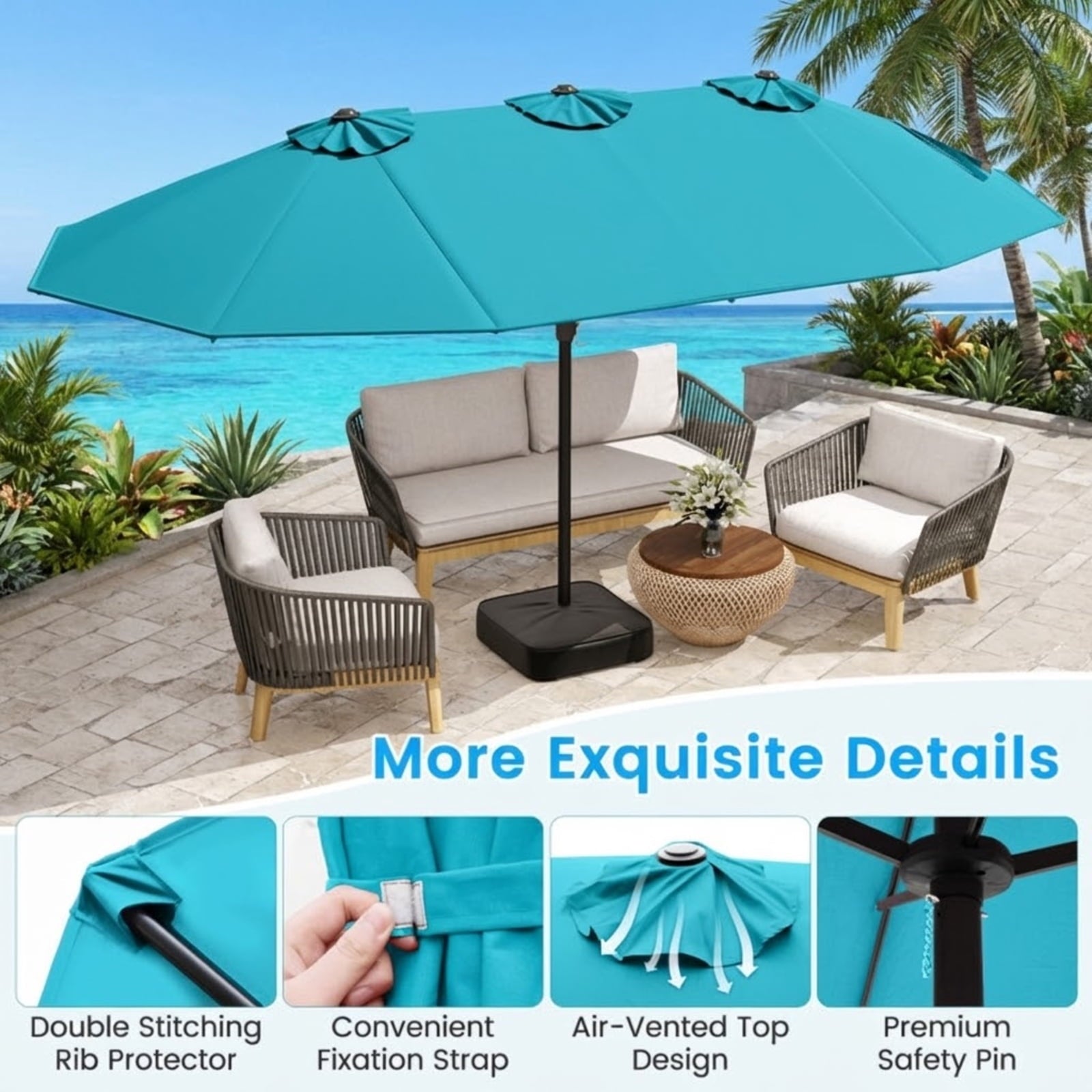 Biotree 15 Feet Double-Sided Twin Patio Umbrella with Crank and Base-Turquoise Beige Brown Blue Grey Orange Red Turquoise Black