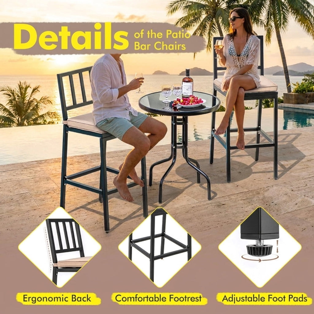 Biotree Set of 2 Patio Bar Chairs with Detachable Cushion and Footrest, Black - Outdoor Patio Bar Height Chair with Footrest