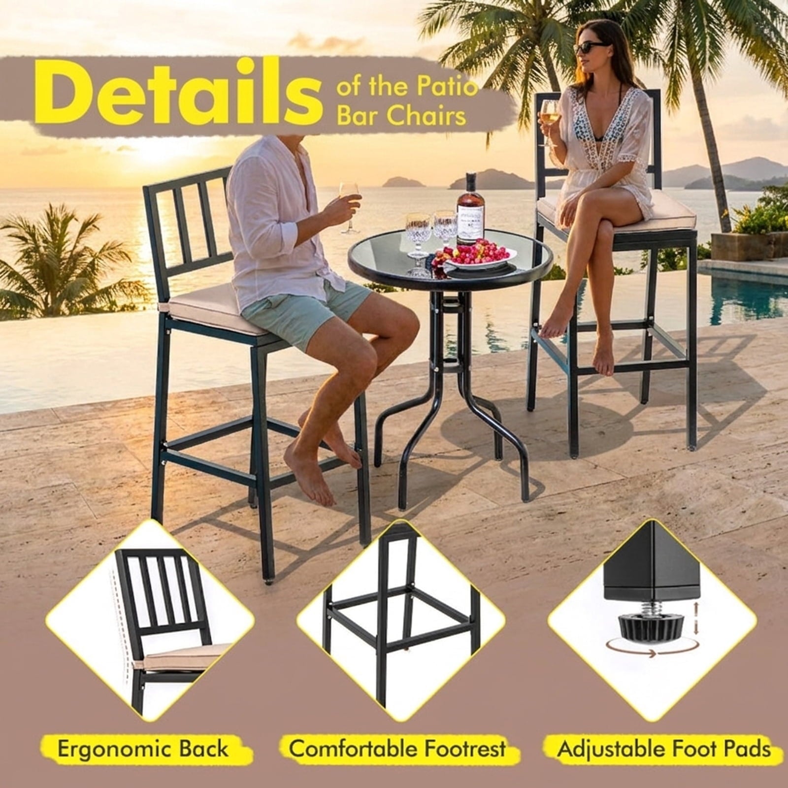 Biotree Set of 2 Patio Bar Chairs with Detachable Cushion and Footrest, Black - Outdoor Patio Bar Height Chair with Footrest