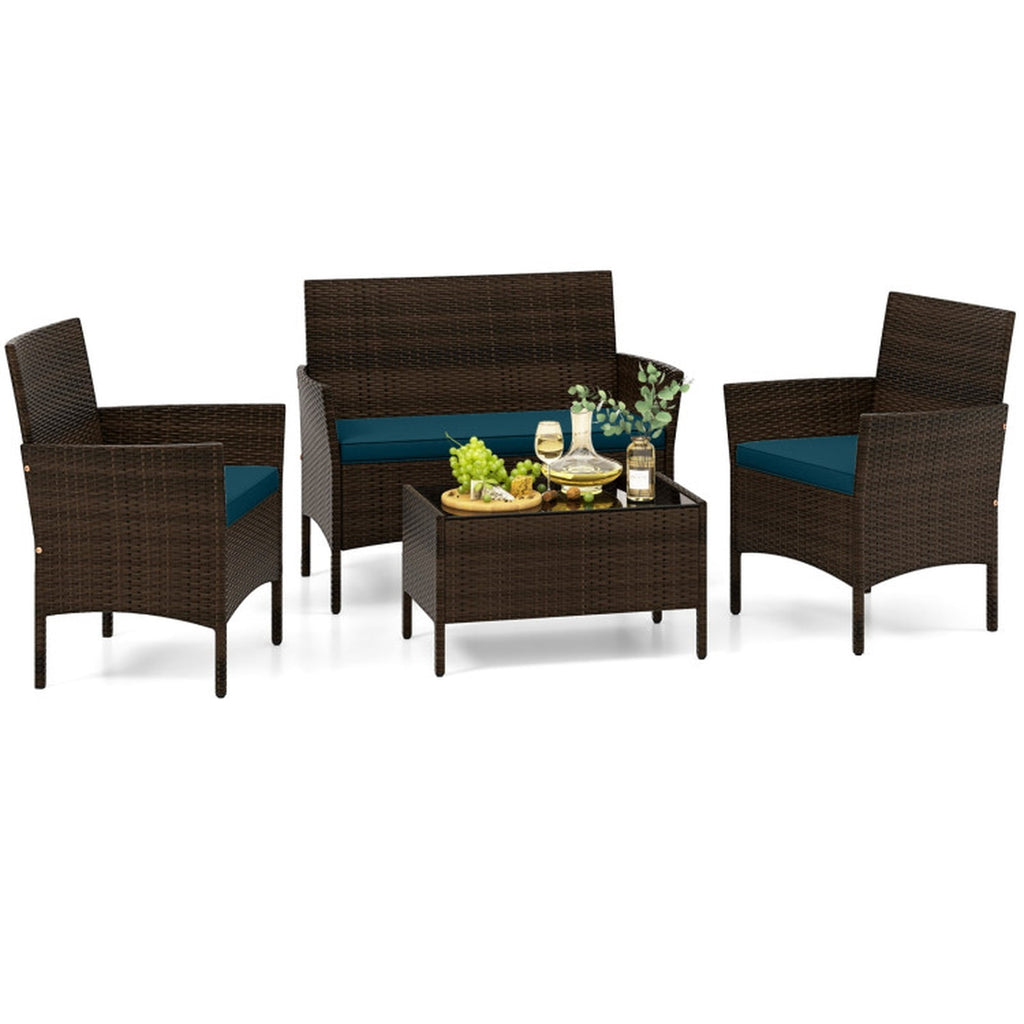 Biotree 4 Piece Patio Rattan Conversation Set with Cozy Seat Cushions Outdoor Conversation Set for Garden Backyard PorchPeacock Blue