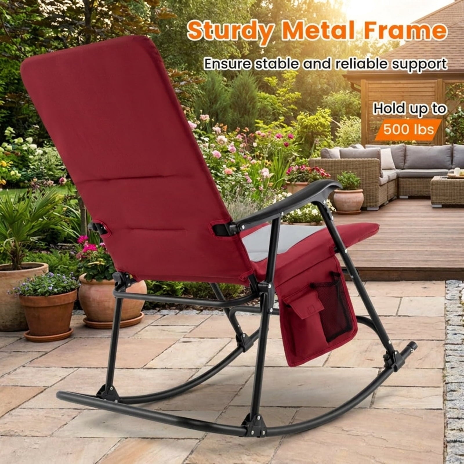 Biotree Foldable Rocking Padded Portable Camping Chair with Backrest and Armrest Stackable Patio Chair for Garden BackyardRed